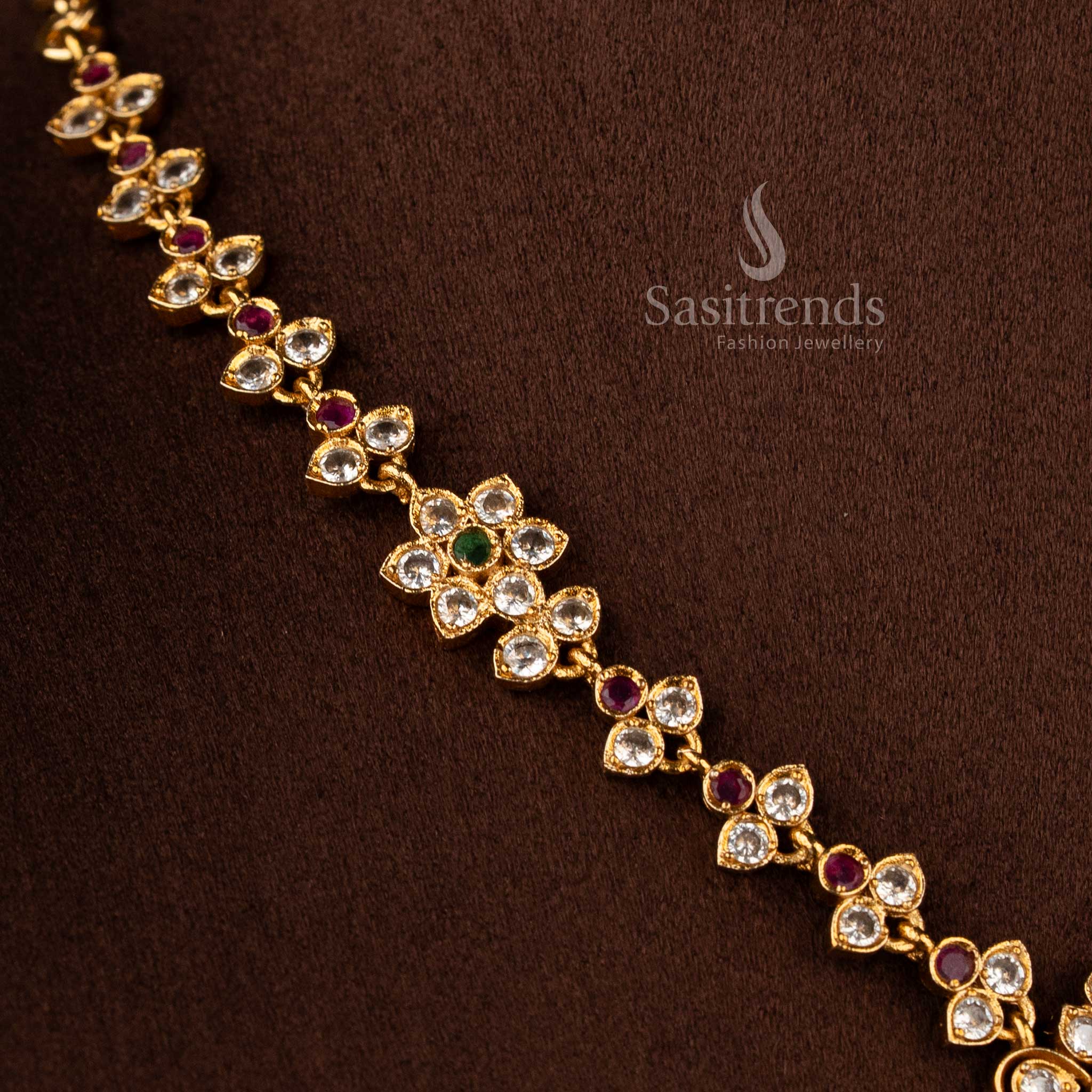 Trendy Traditional Matte Gold Plated Floral AD Necklace Jewellery Set for Women - Latest Collection | Sasitrends - Image 11