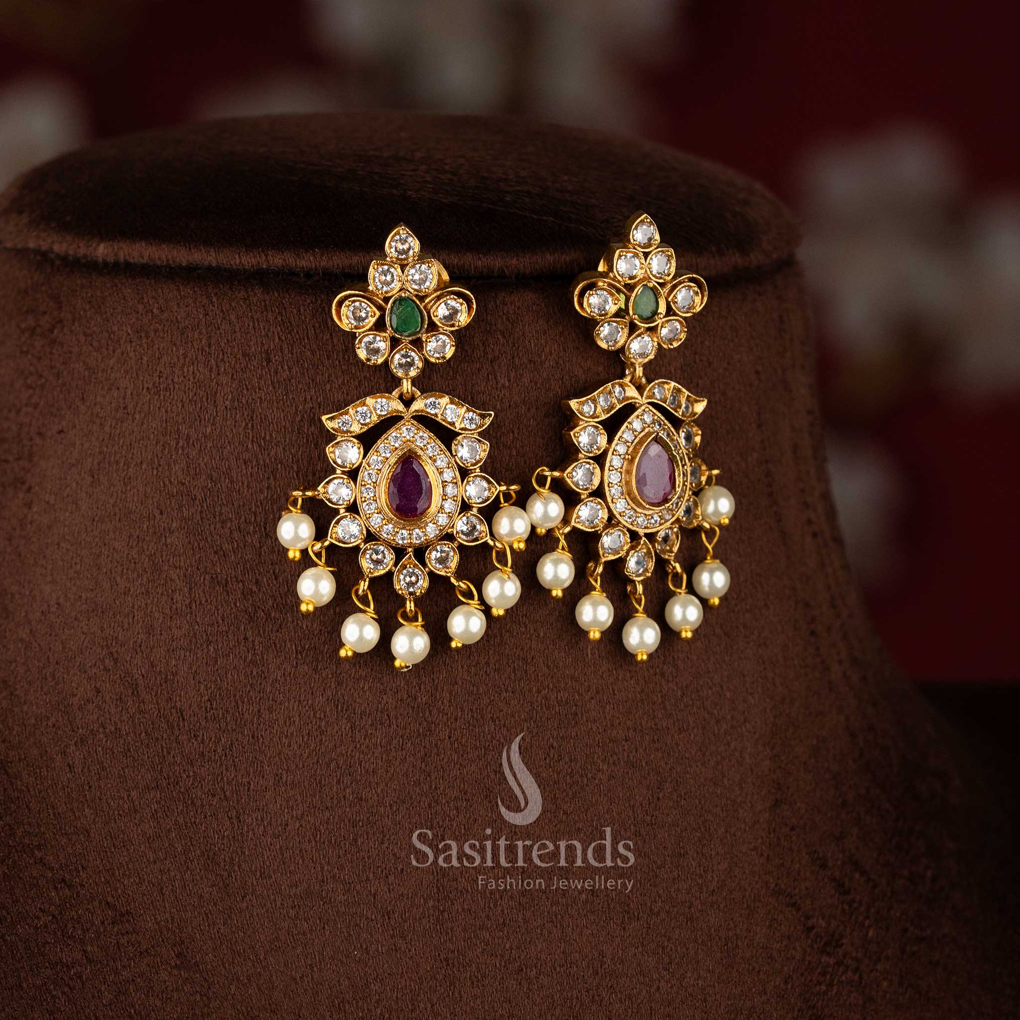 Trendy Traditional Matte Gold Plated Floral AD Necklace Jewellery Set for Women - Latest Collection | Sasitrends - Image 12