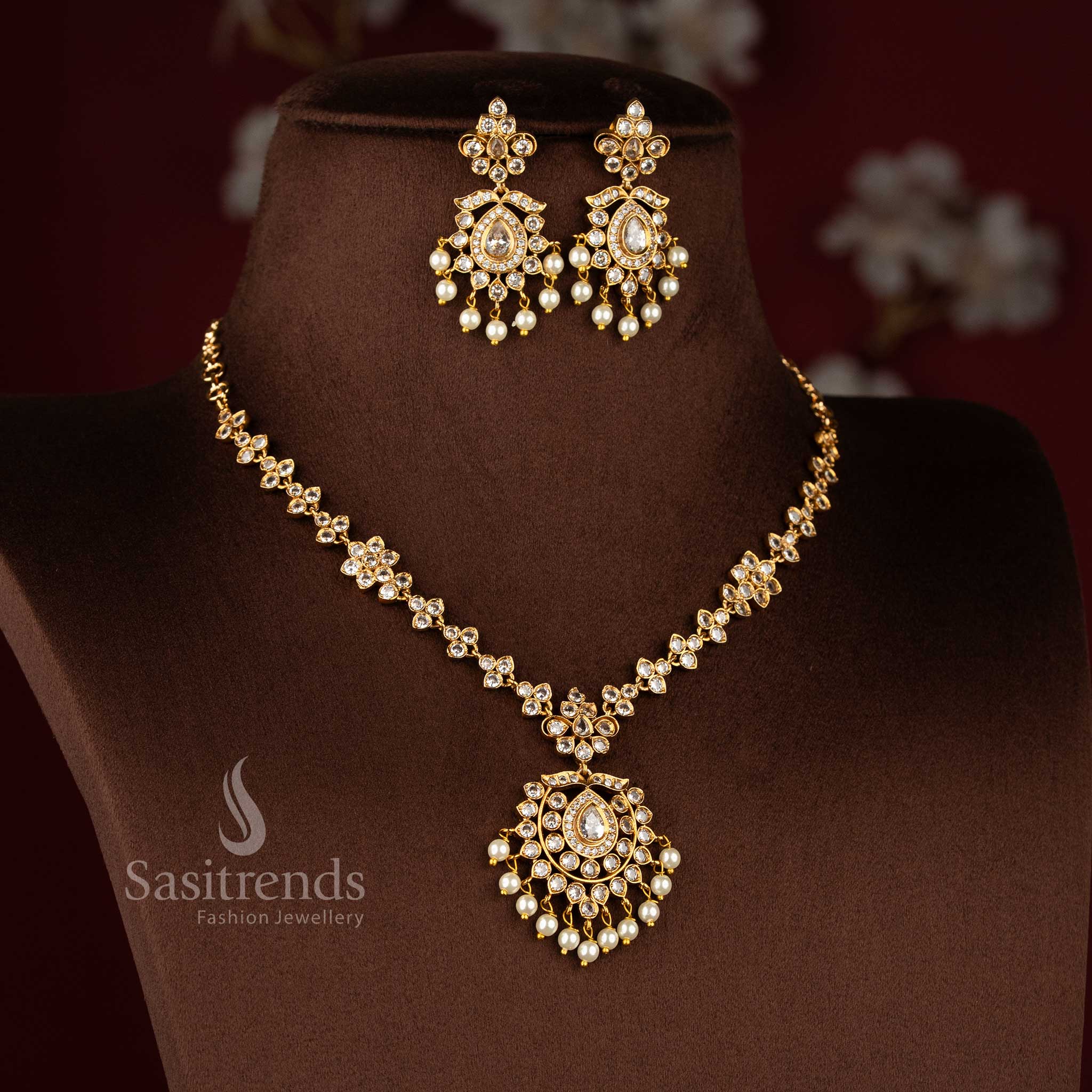 Trendy Traditional Matte Gold Plated Floral AD Necklace Jewellery Set for Women - Latest Collection | Sasitrends - Image 13