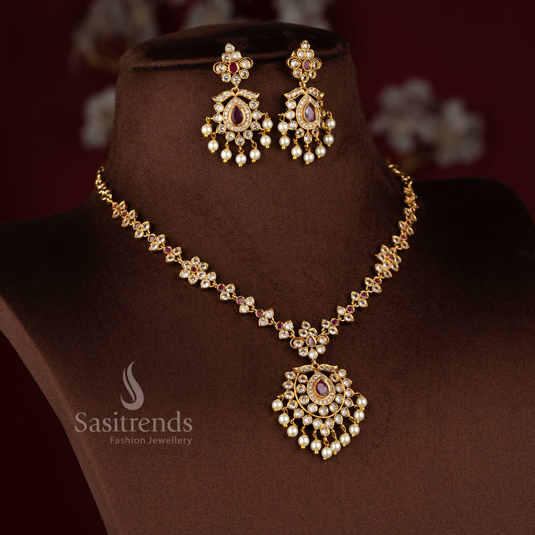 Trendy Traditional Matte Gold Plated Floral AD Necklace Jewellery Set for Women - Latest Collection | Sasitrends - Image 14