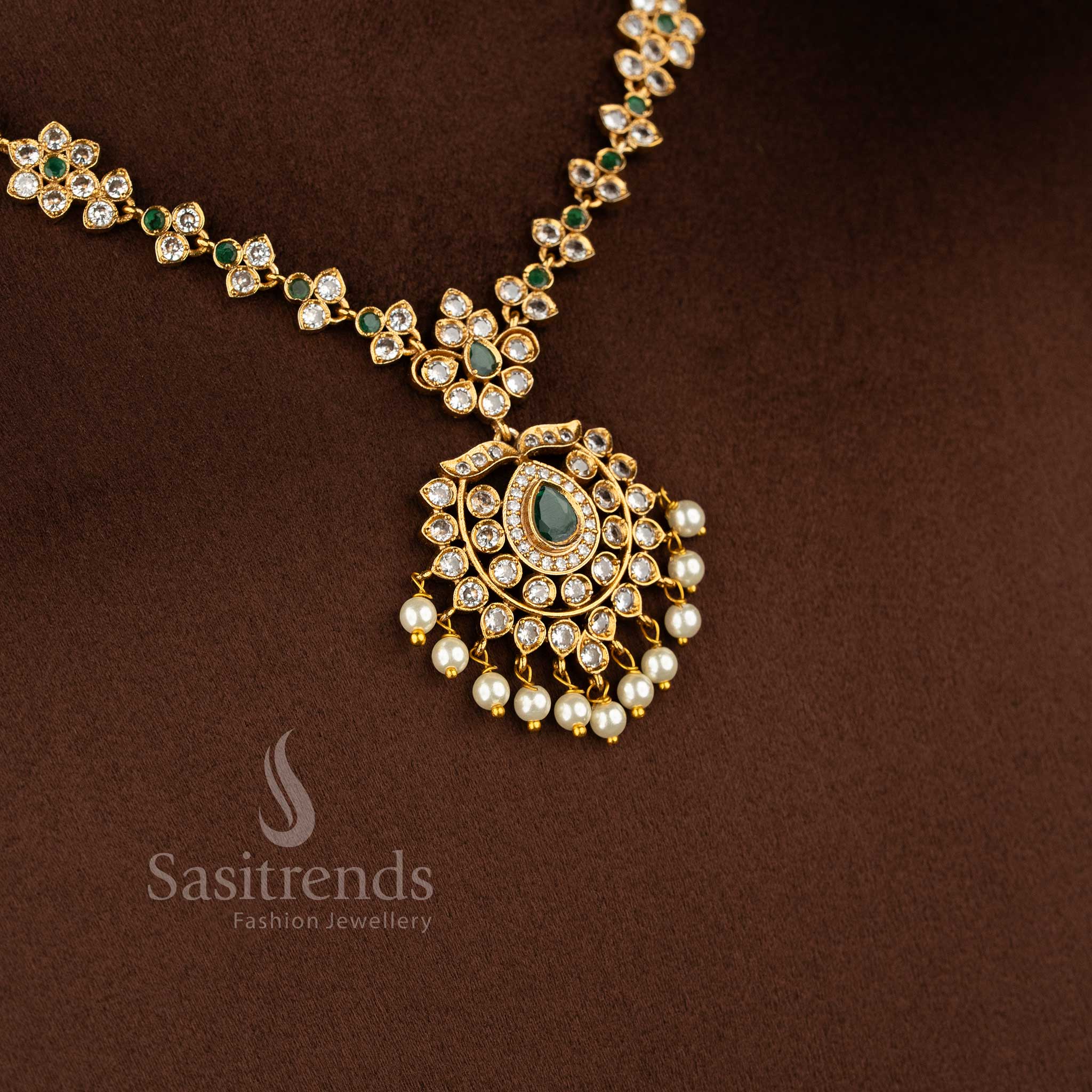 Trendy Traditional Matte Gold Plated Floral AD Necklace Jewellery Set for Women - Latest Collection | Sasitrends - Image 15