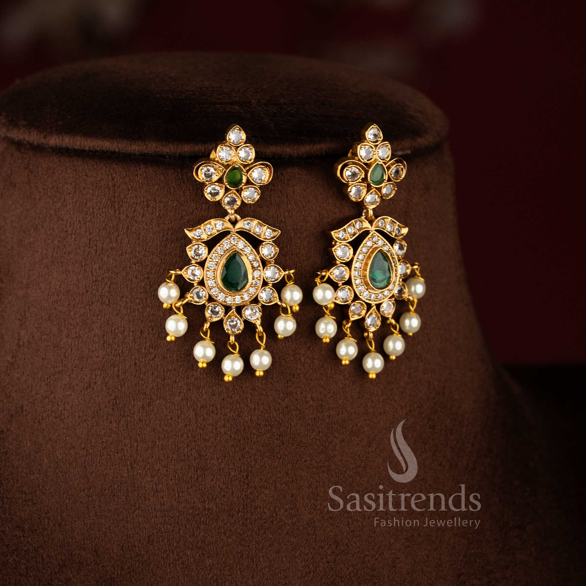 Trendy Traditional Matte Gold Plated Floral AD Necklace Jewellery Set for Women - Latest Collection | Sasitrends - Image 16