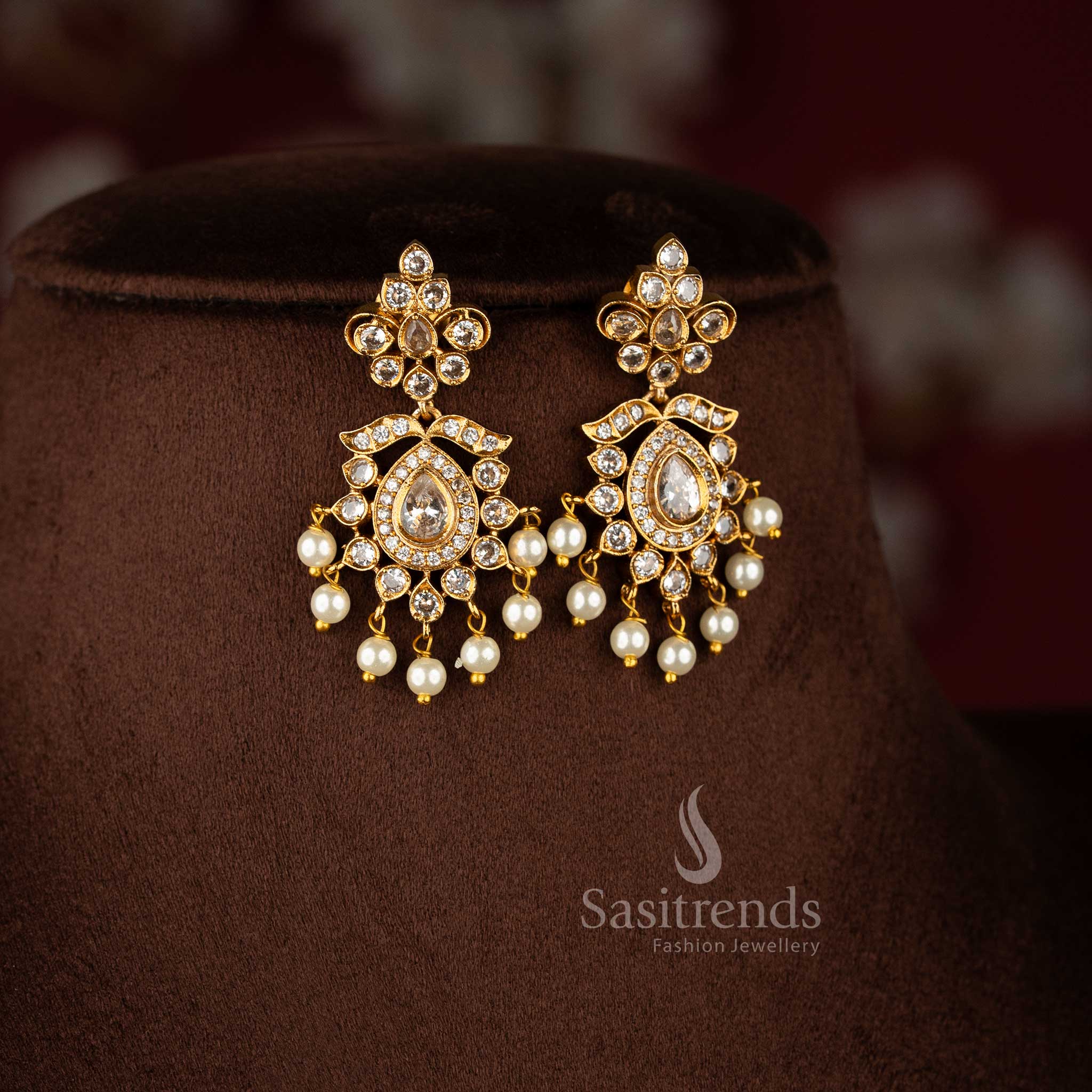 Trendy Traditional Matte Gold Plated Floral AD Necklace Jewellery Set for Women - Latest Collection | Sasitrends - Image 4