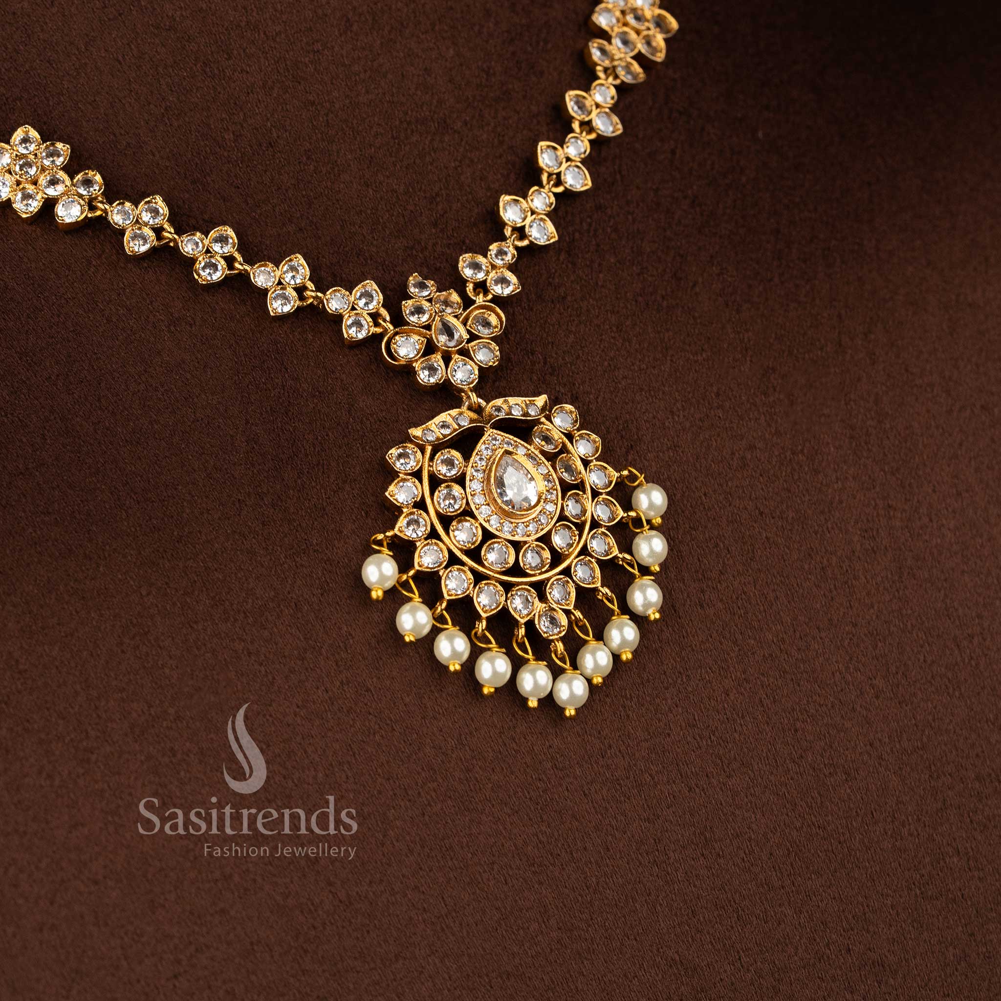 Trendy Traditional Matte Gold Plated Floral AD Necklace Jewellery Set for Women - Latest Collection | Sasitrends - Image 5