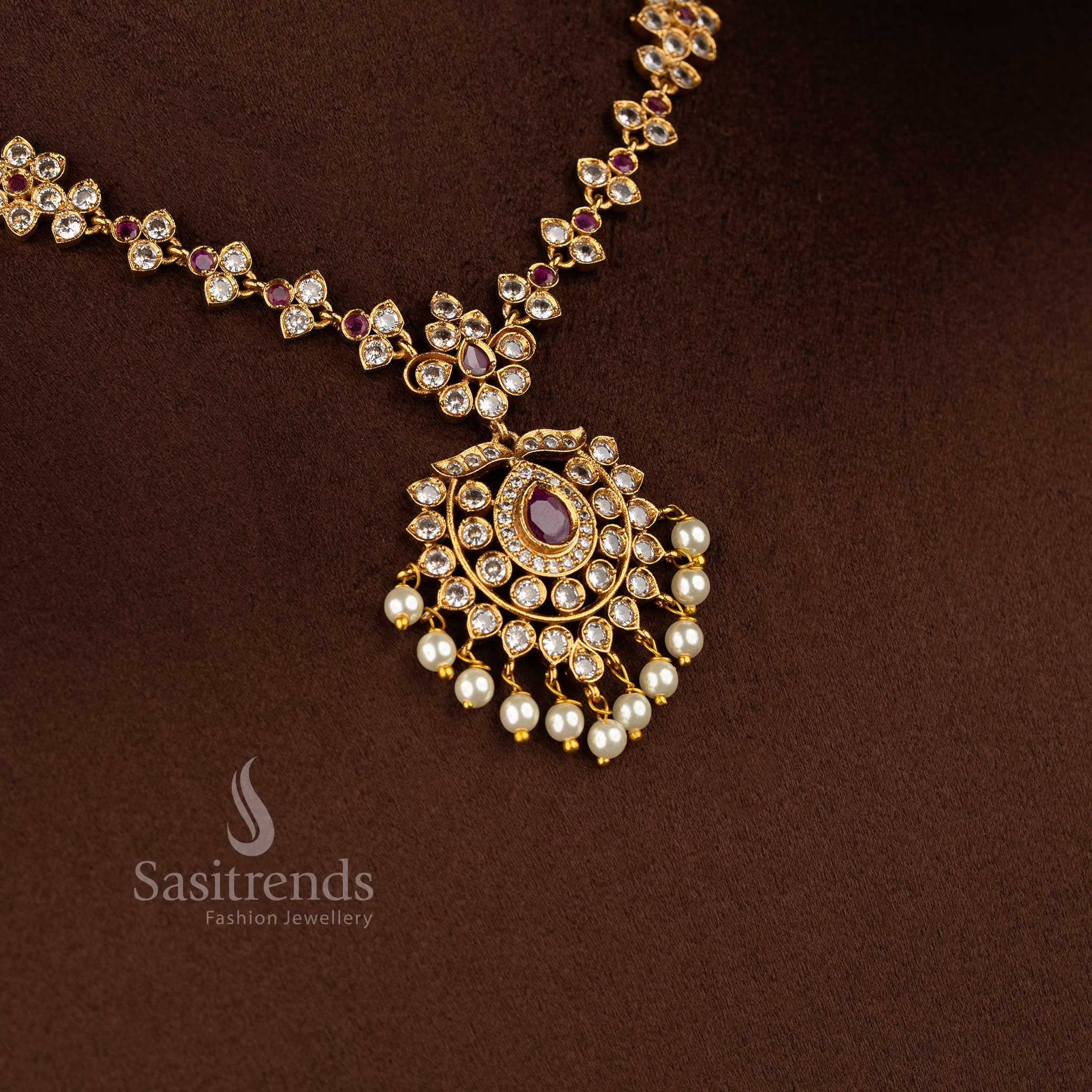 Trendy Traditional Matte Gold Plated Floral AD Necklace Jewellery Set for Women - Latest Collection | Sasitrends - Image 7