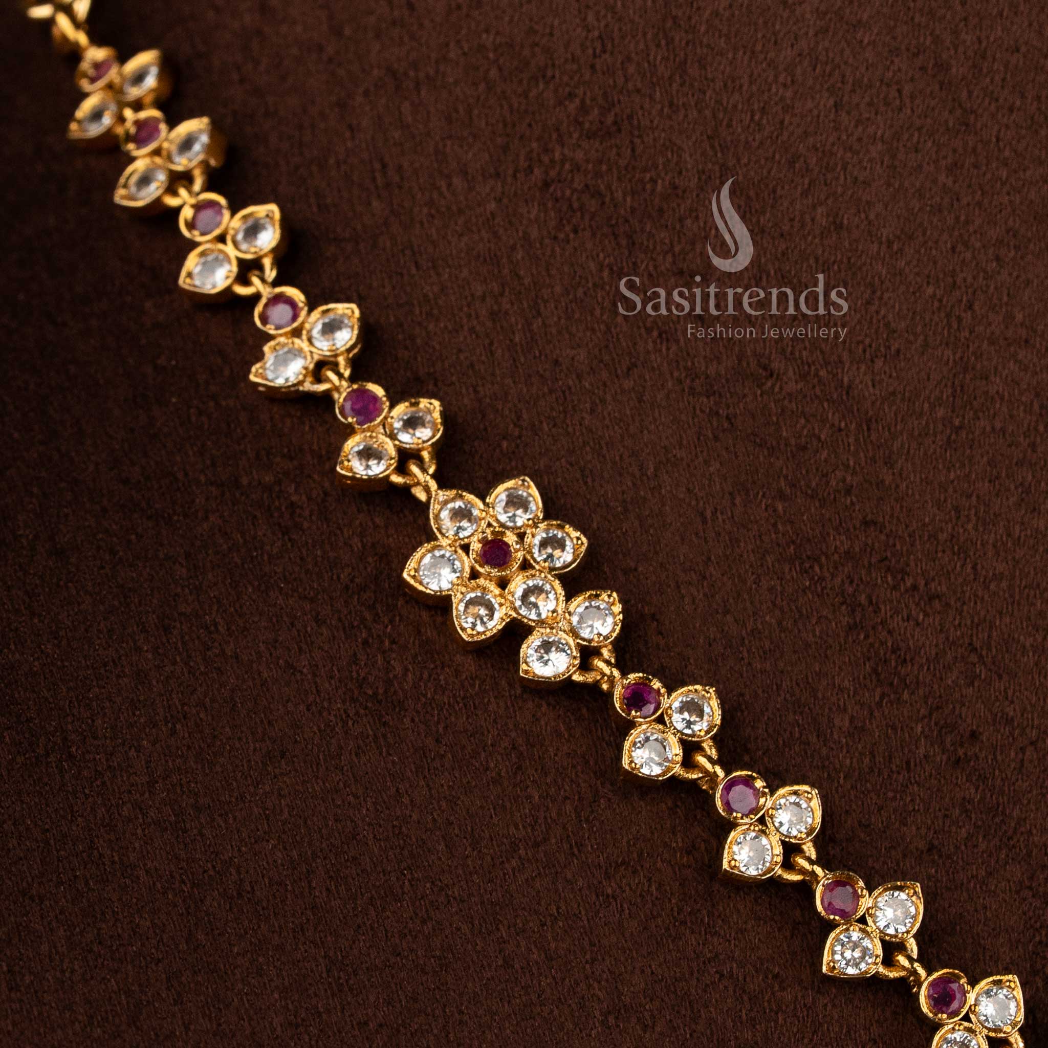 Trendy Traditional Matte Gold Plated Floral AD Necklace Jewellery Set for Women - Latest Collection | Sasitrends - Image 8