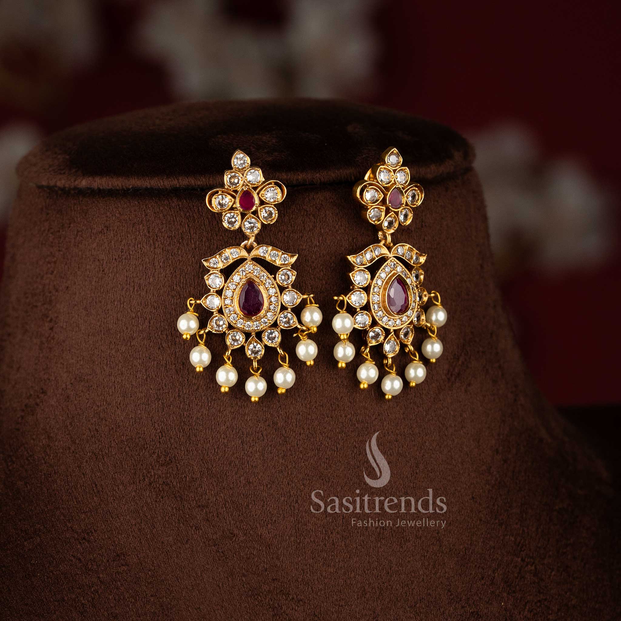 Trendy Traditional Matte Gold Plated Floral AD Necklace Jewellery Set for Women - Latest Collection | Sasitrends - Image 9