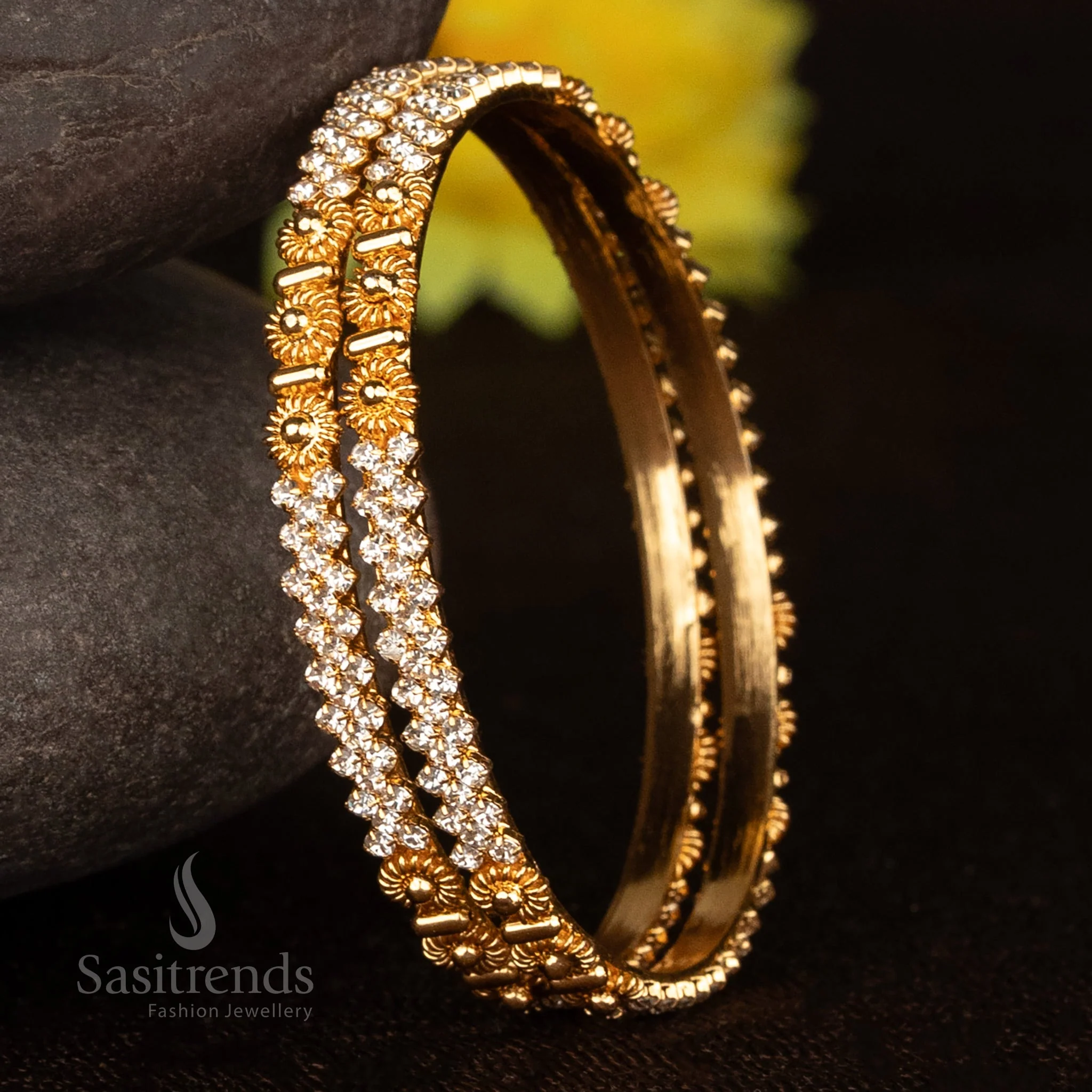 Beautiful Micro Gold Plated Floral Design American Diamond Bangles – One Gram Jewellery - Sasitrends