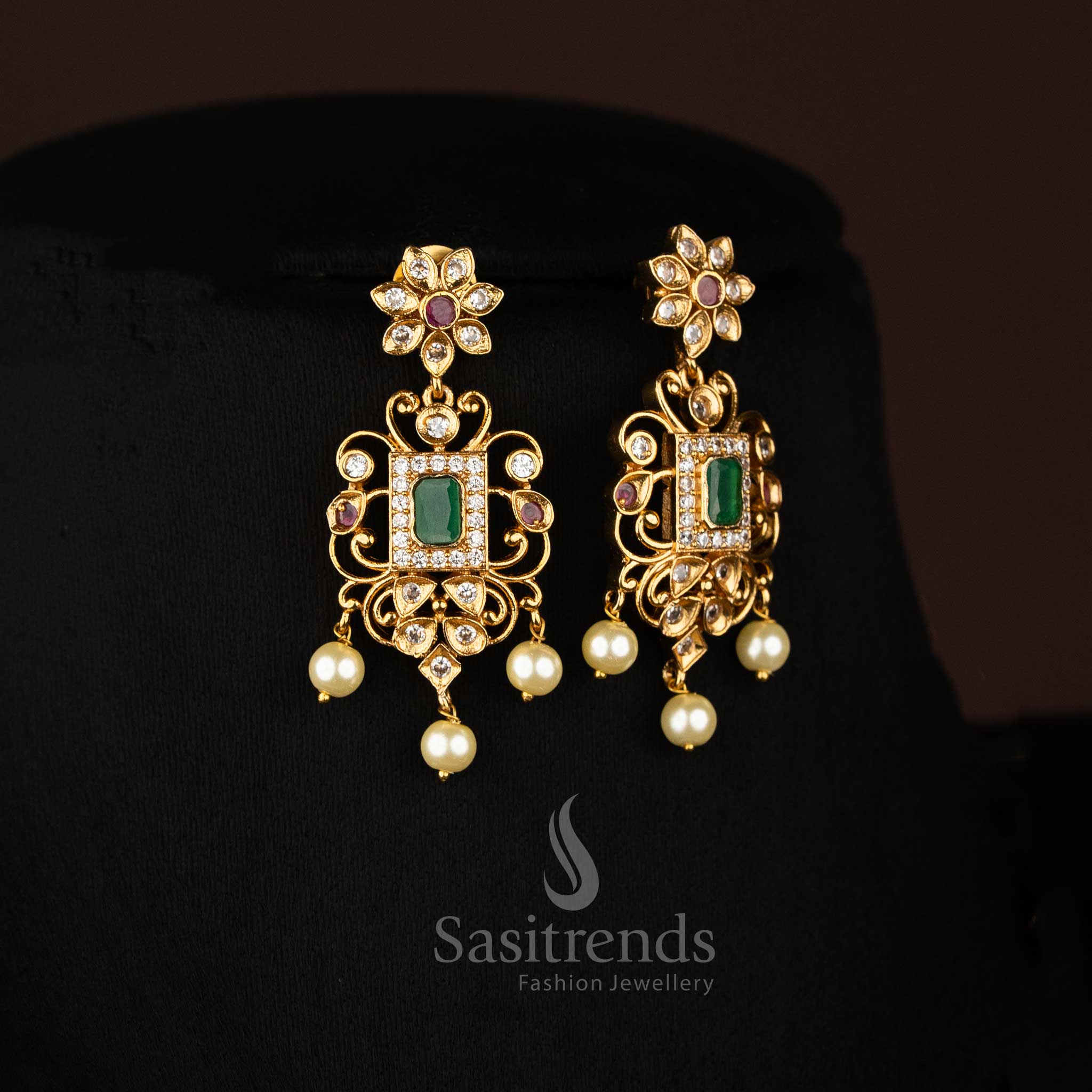Temple Matte Gold Plated AD Floral Choker Necklace Jewellery Set - Perfect for Traditional Occasions | Sasitrends - Image 3