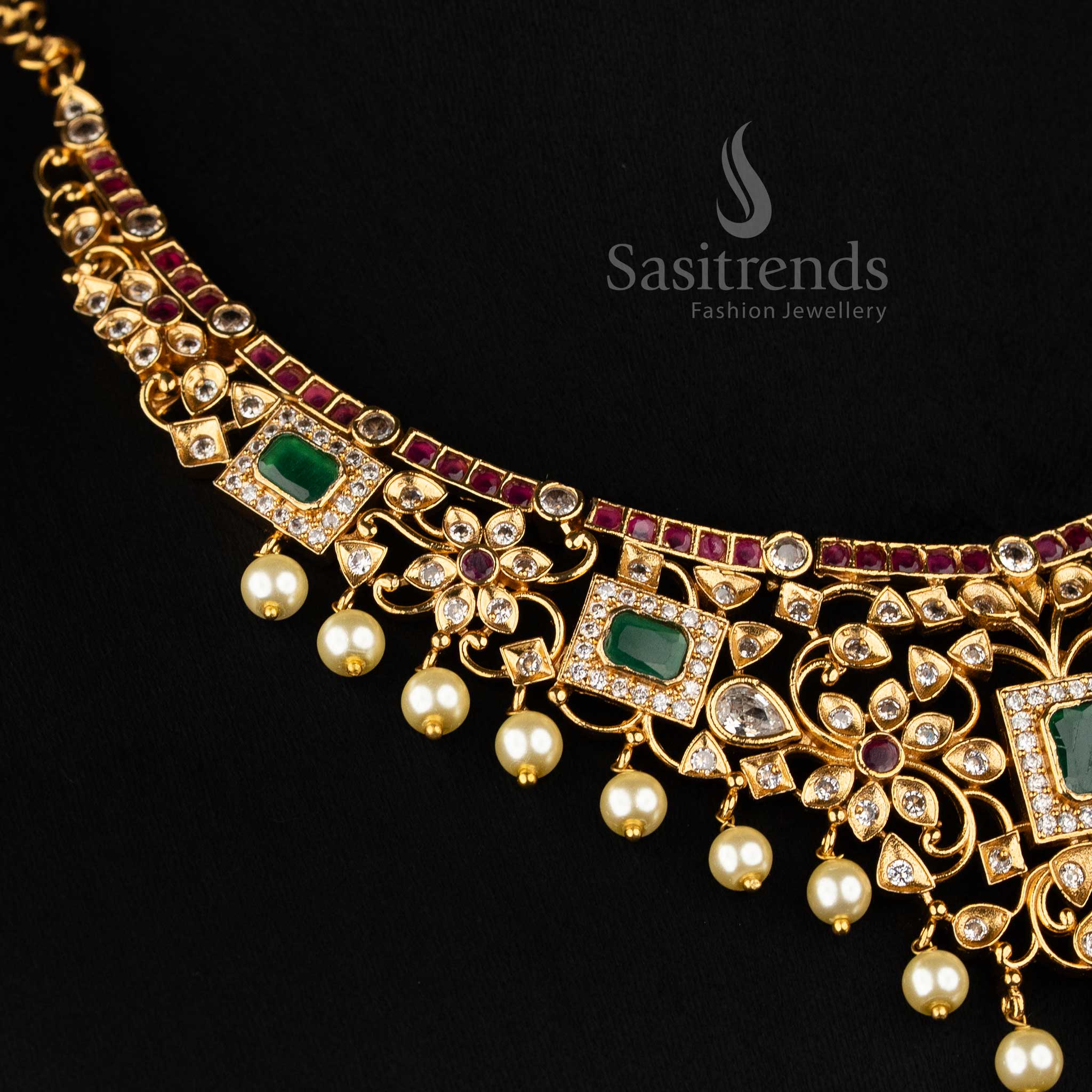 Temple Matte Gold Plated AD Floral Choker Necklace Jewellery Set - Perfect for Traditional Occasions | Sasitrends - Image 4