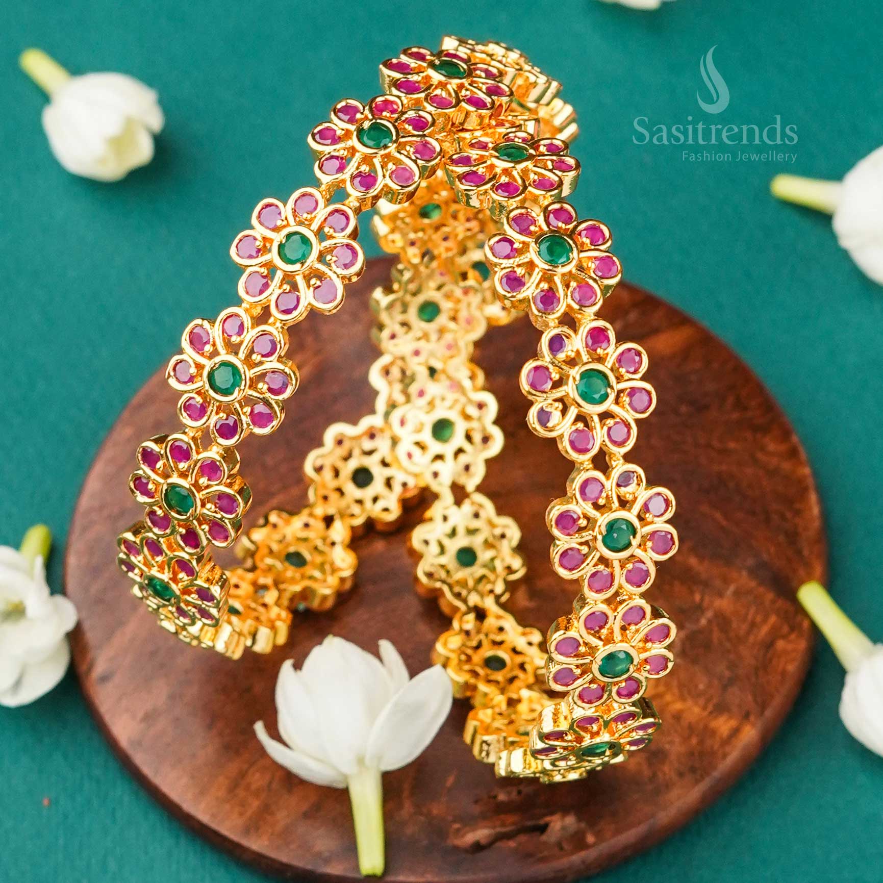 Dazzling Floral Brilliance: The American Diamond Adorned Micro Gold Plated Bangles | Sasitrends - Image 3