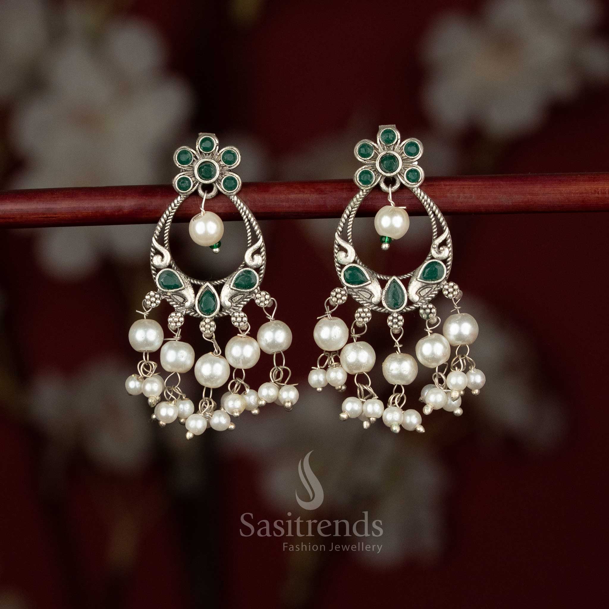 Floral Glow Oxidised Silver Chandbali Mayura Stone and Pearl Earrings for Navaratri Garba, Saree Looks & Ethnic Styling