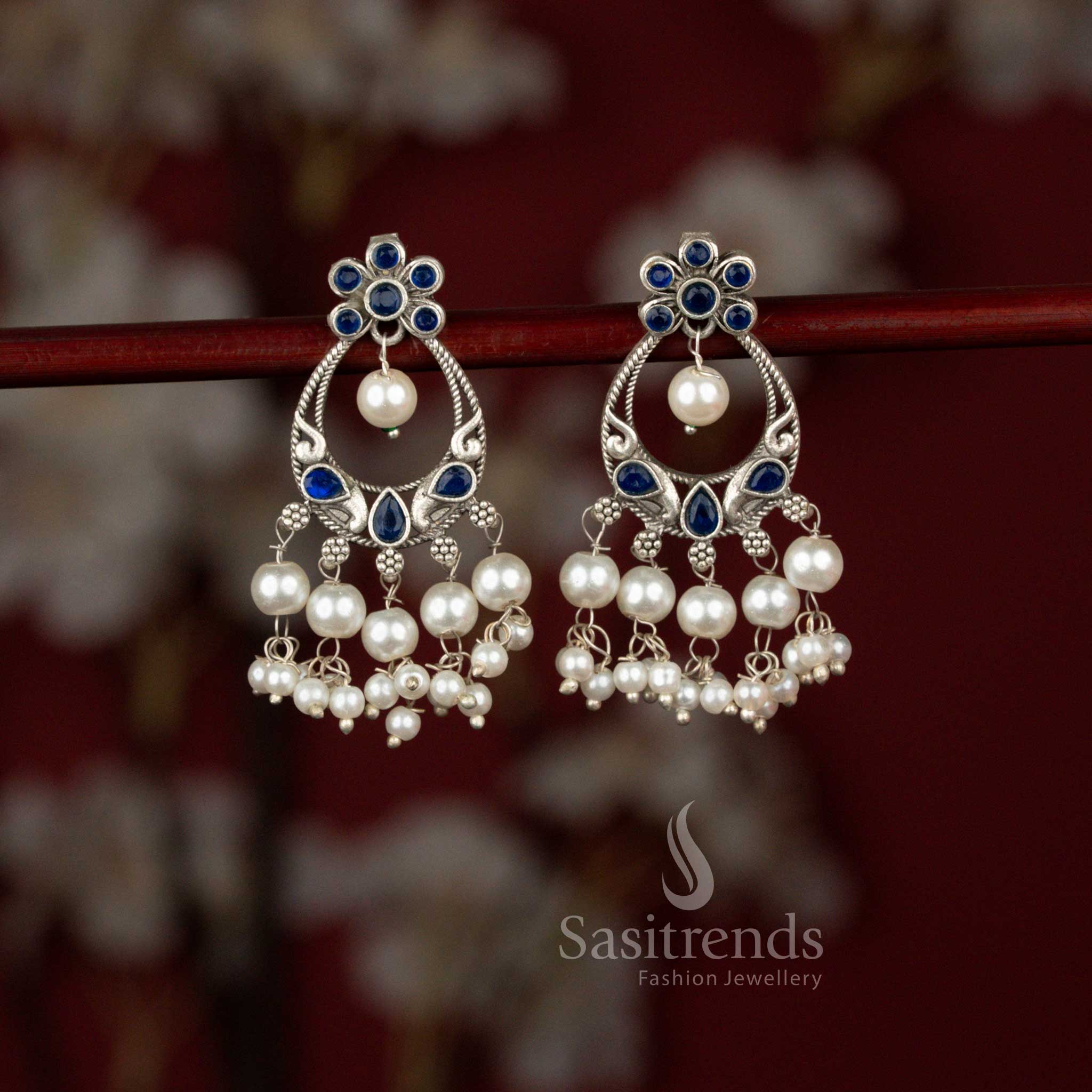 Floral Glow Oxidised Silver Chandbali Mayura Stone and Pearl Earrings for Navaratri Garba, Saree Looks & Ethnic Styling - Image 5