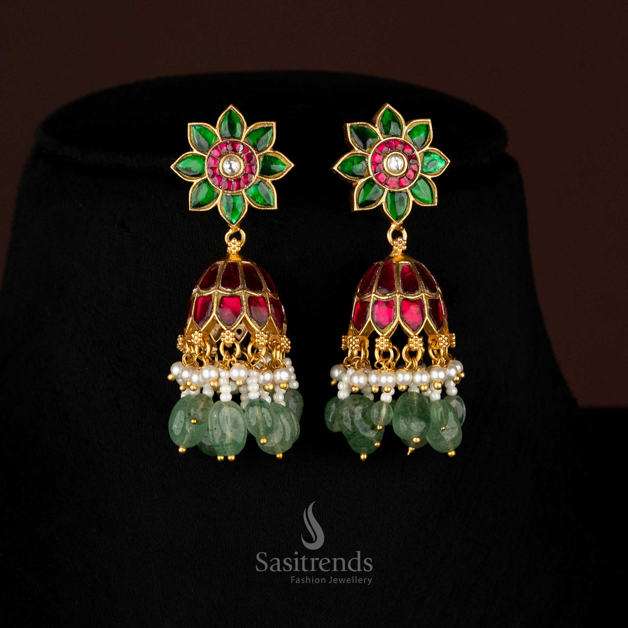 Floral Kundan Jhumkas – Gold Plated Jadau Earrings with Pearls Intricate Bugadi Work For Festive Wear