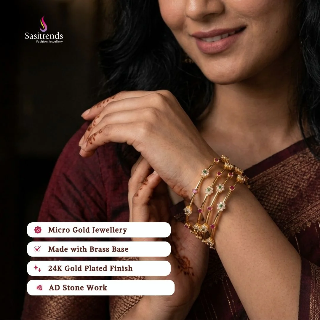 Trendy Floral Micro Gold Plated AD Bangles - Latest American Diamond for Women (Set of 4 Pieces) | Sasitrends - Image 2