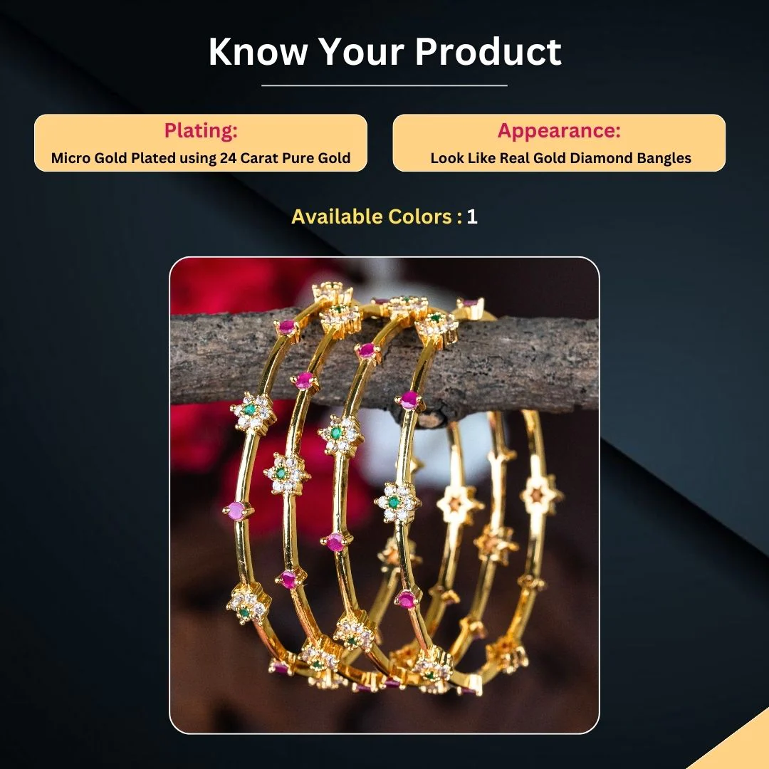 Trendy Floral Micro Gold Plated AD Bangles - Latest American Diamond for Women (Set of 4 Pieces) | Sasitrends - Image 3