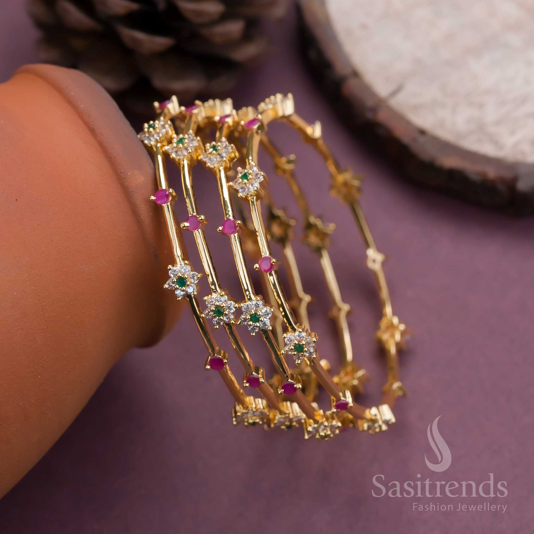Trendy Floral Micro Gold Plated AD Bangles - Latest American Diamond for Women (Set of 4 Pieces) | Sasitrends - Image 4