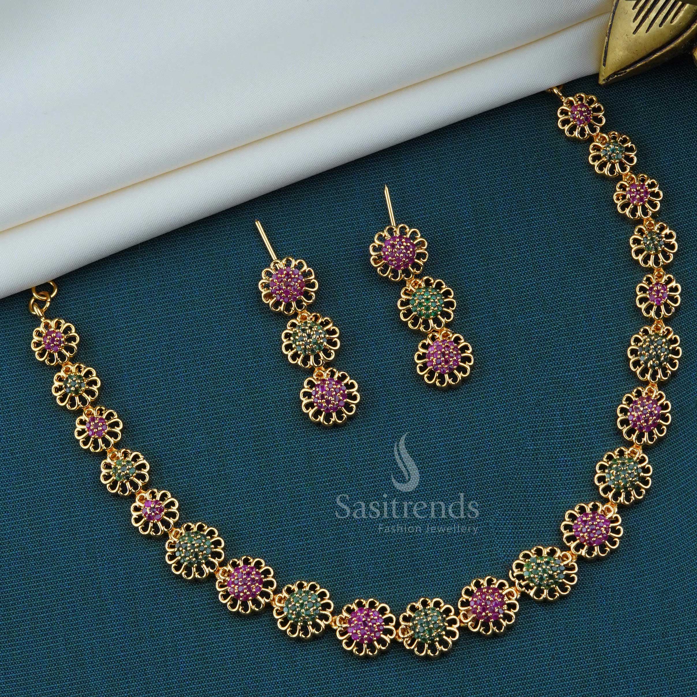 Floral Design Micro Gold Plated Necklace Jewellery Set with American Diamond Stones - Image 5