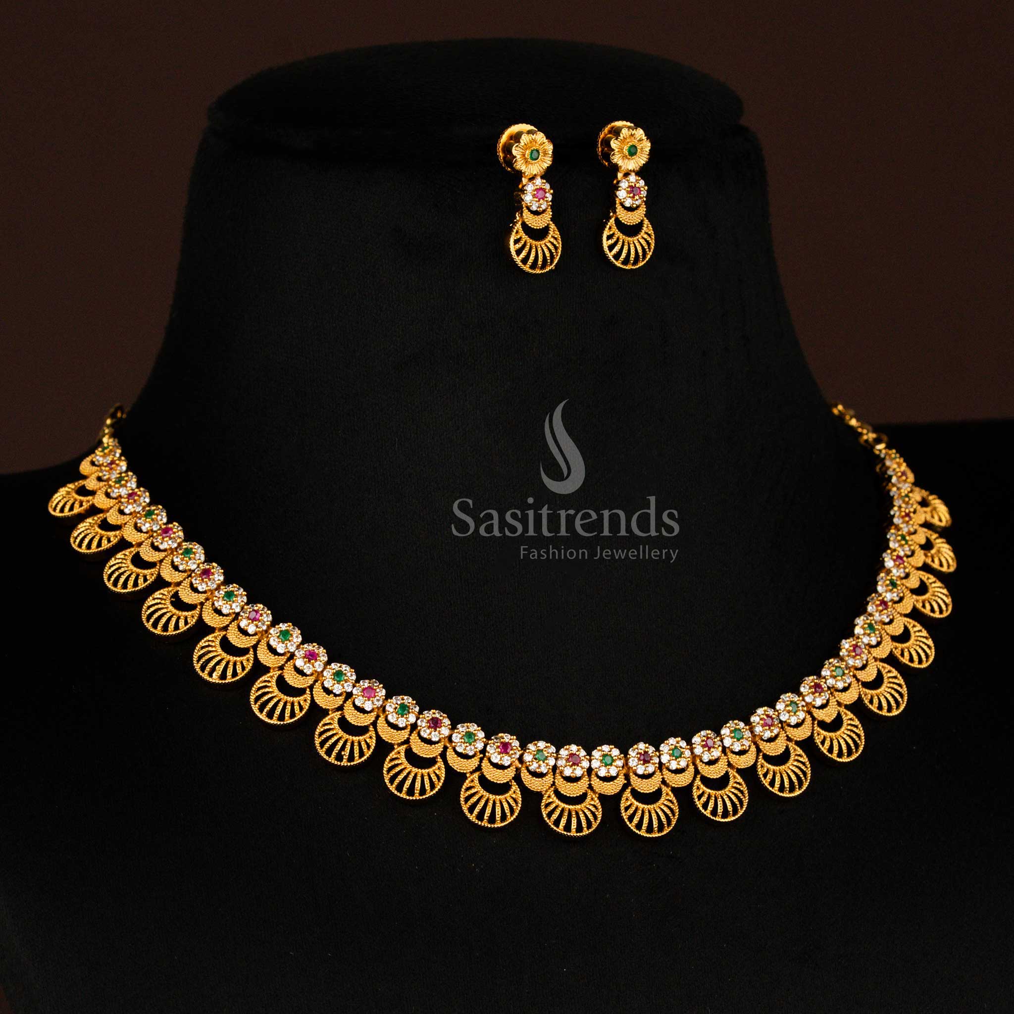 Dazzling Floral and Moon Motif Temple Matte Gold Necklace Jewellery Set: AD Stones on Brass - Image 8