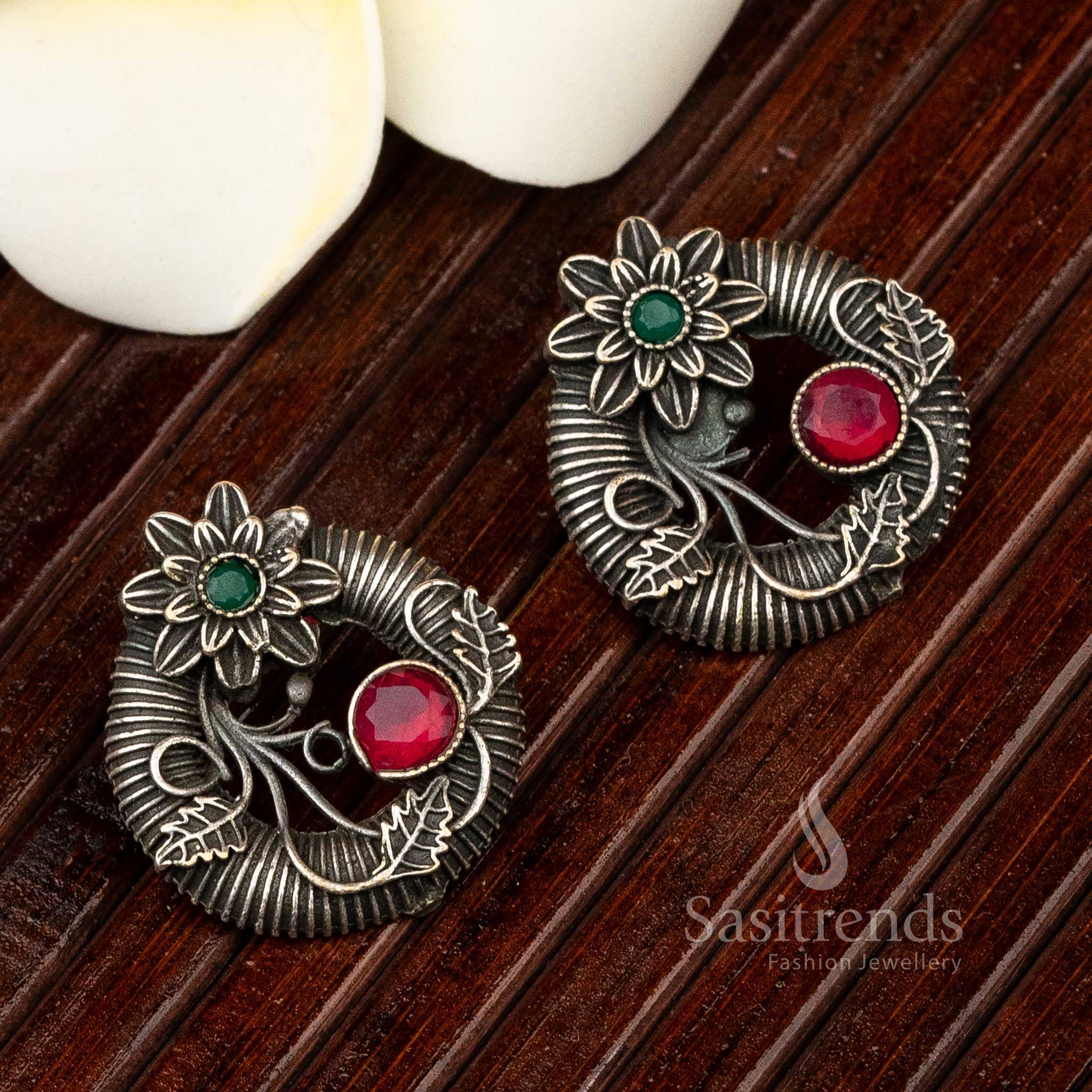Floral Designer Latest Oxidised Silver-Look Stud Earrings - Sasitrends - Image 2
