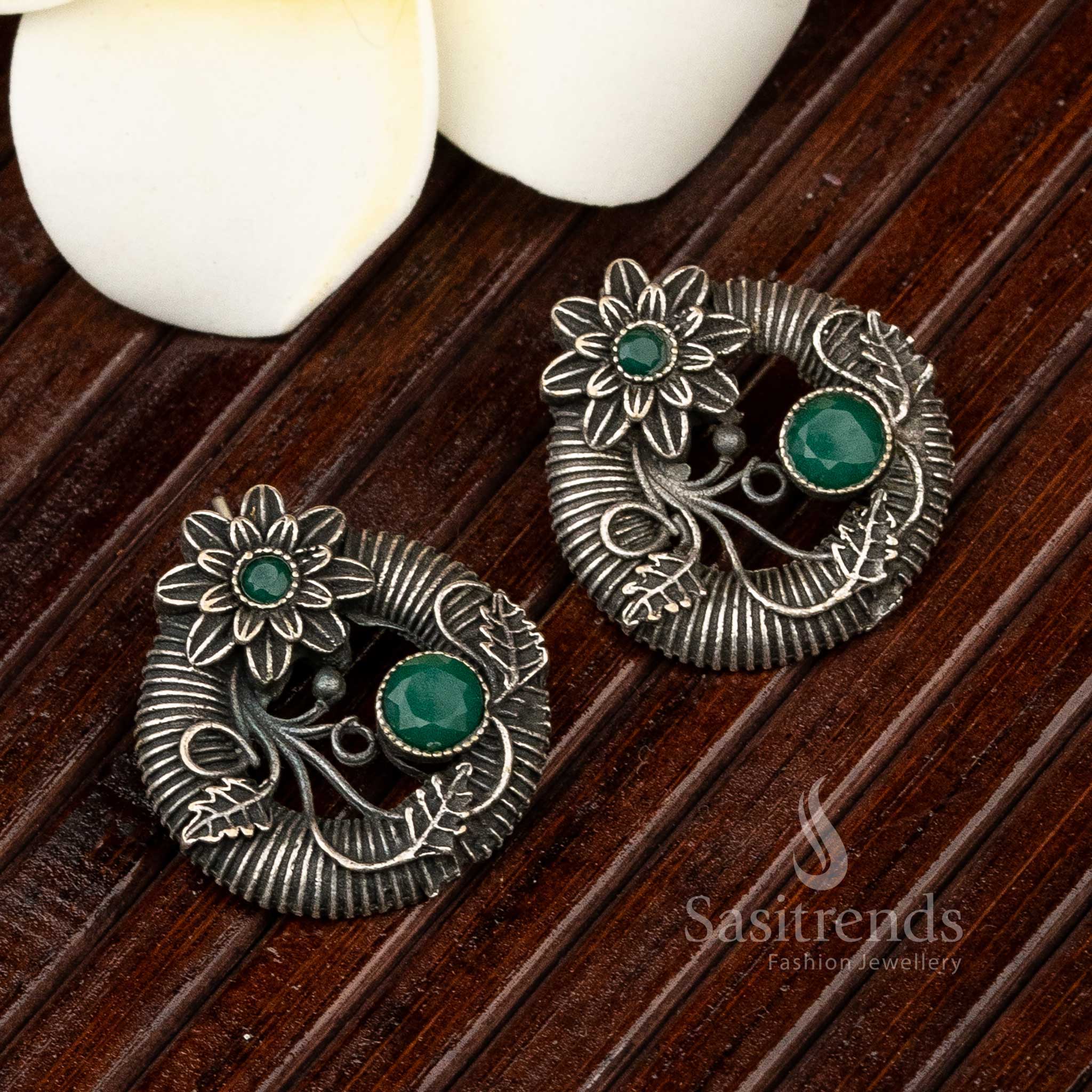 Floral Designer Latest Oxidised Silver-Look Stud Earrings - Sasitrends - Image 3