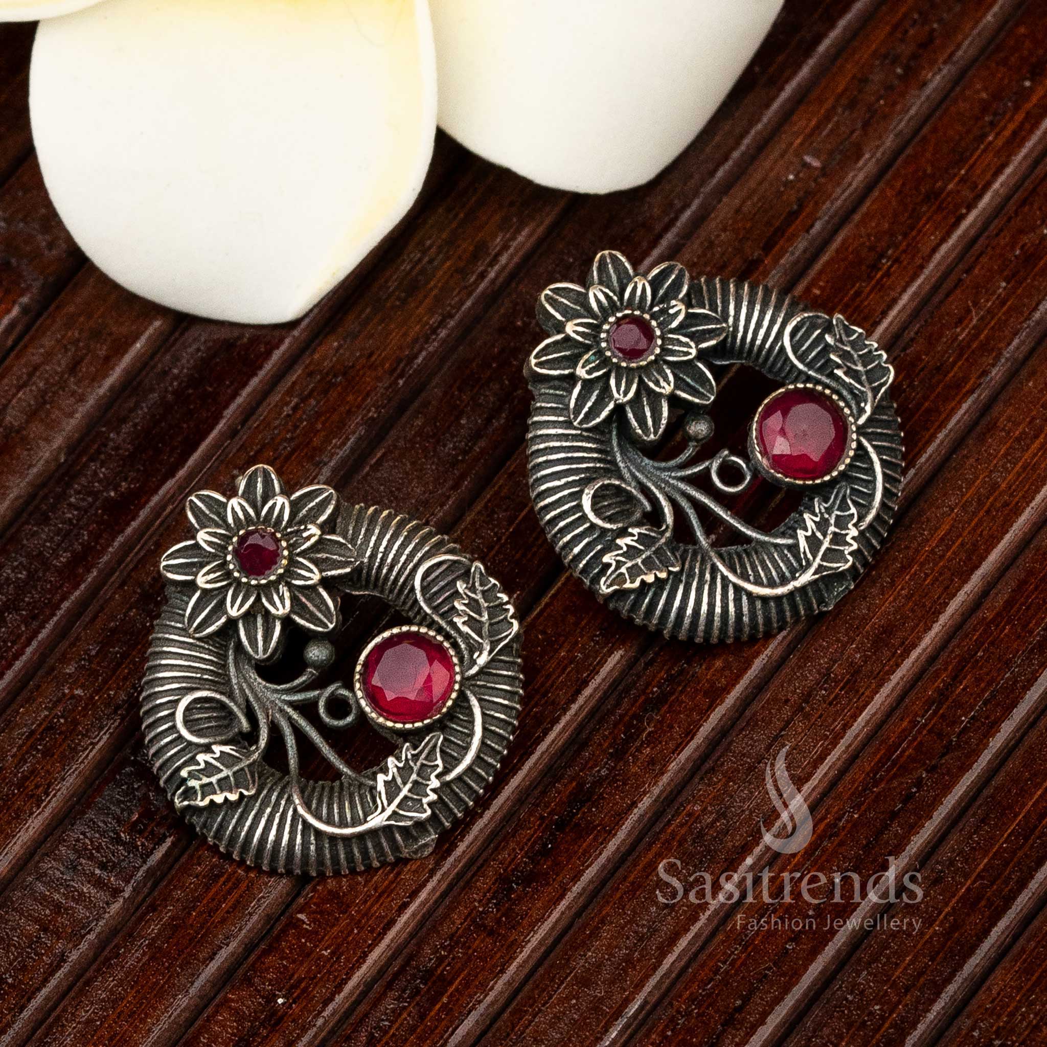 Floral Designer Latest Oxidised Silver-Look Stud Earrings - Sasitrends - Image 5