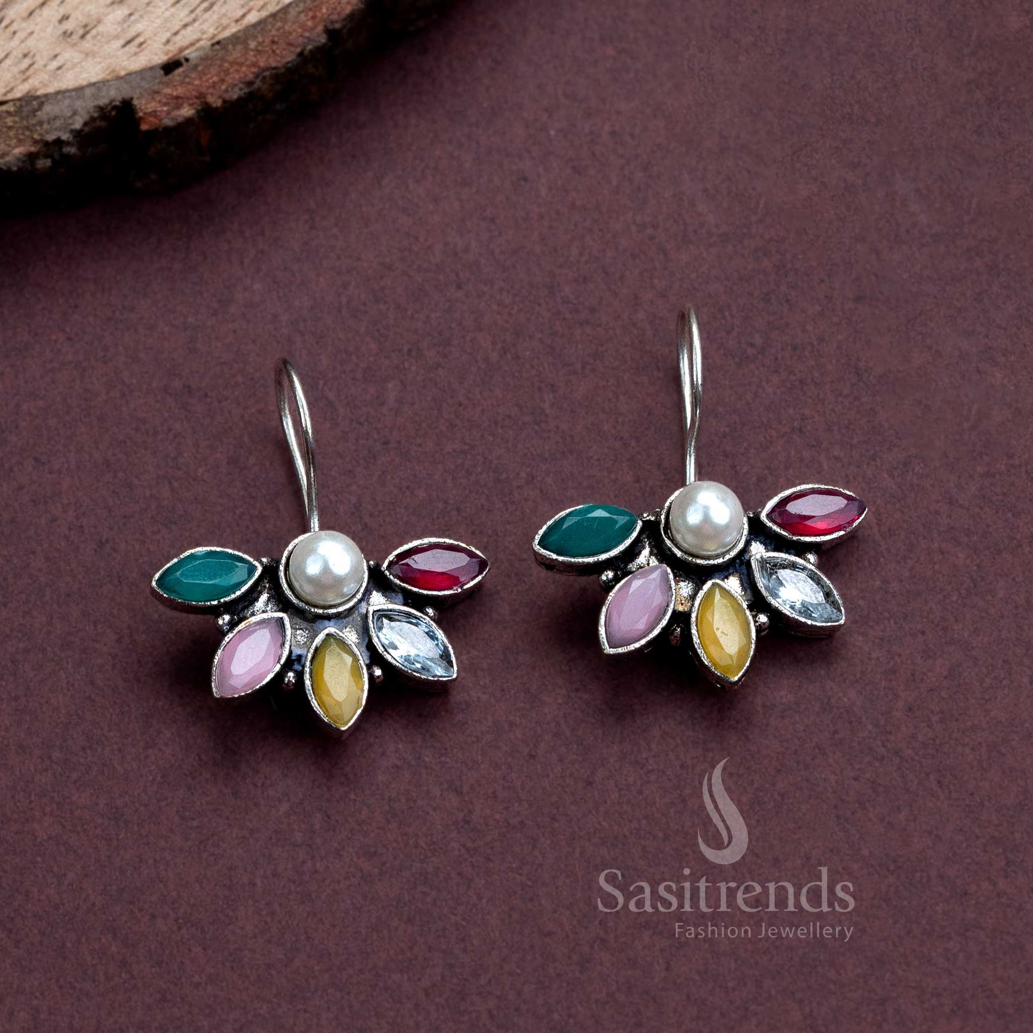 Stylish Oxidised Silver Fish Hook Earrings with Pearl and AD Stones for Women - Trendy Office Wear Collection - Image 11