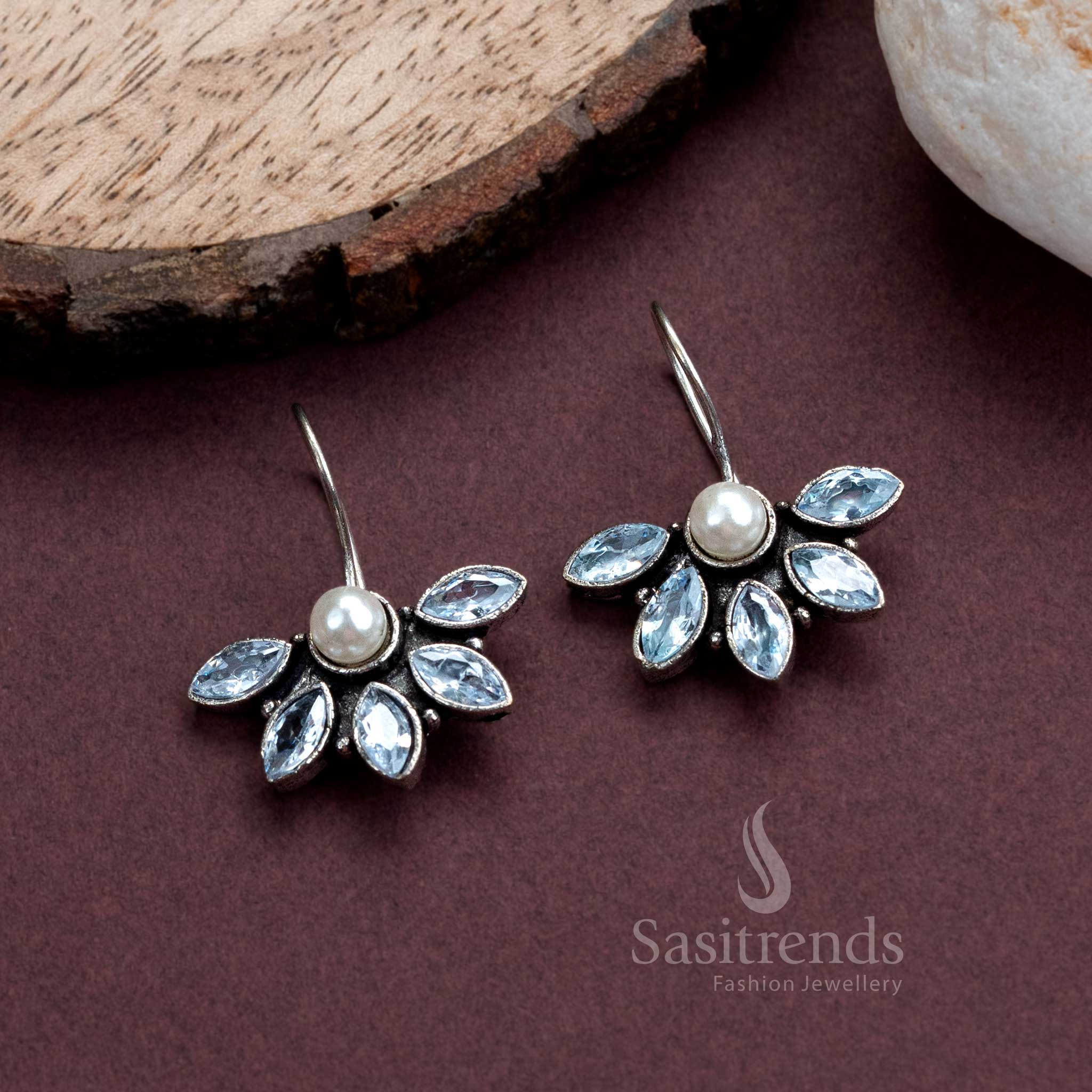 Stylish Oxidised Silver Fish Hook Earrings with Pearl and AD Stones for Women - Trendy Office Wear Collection - Image 12