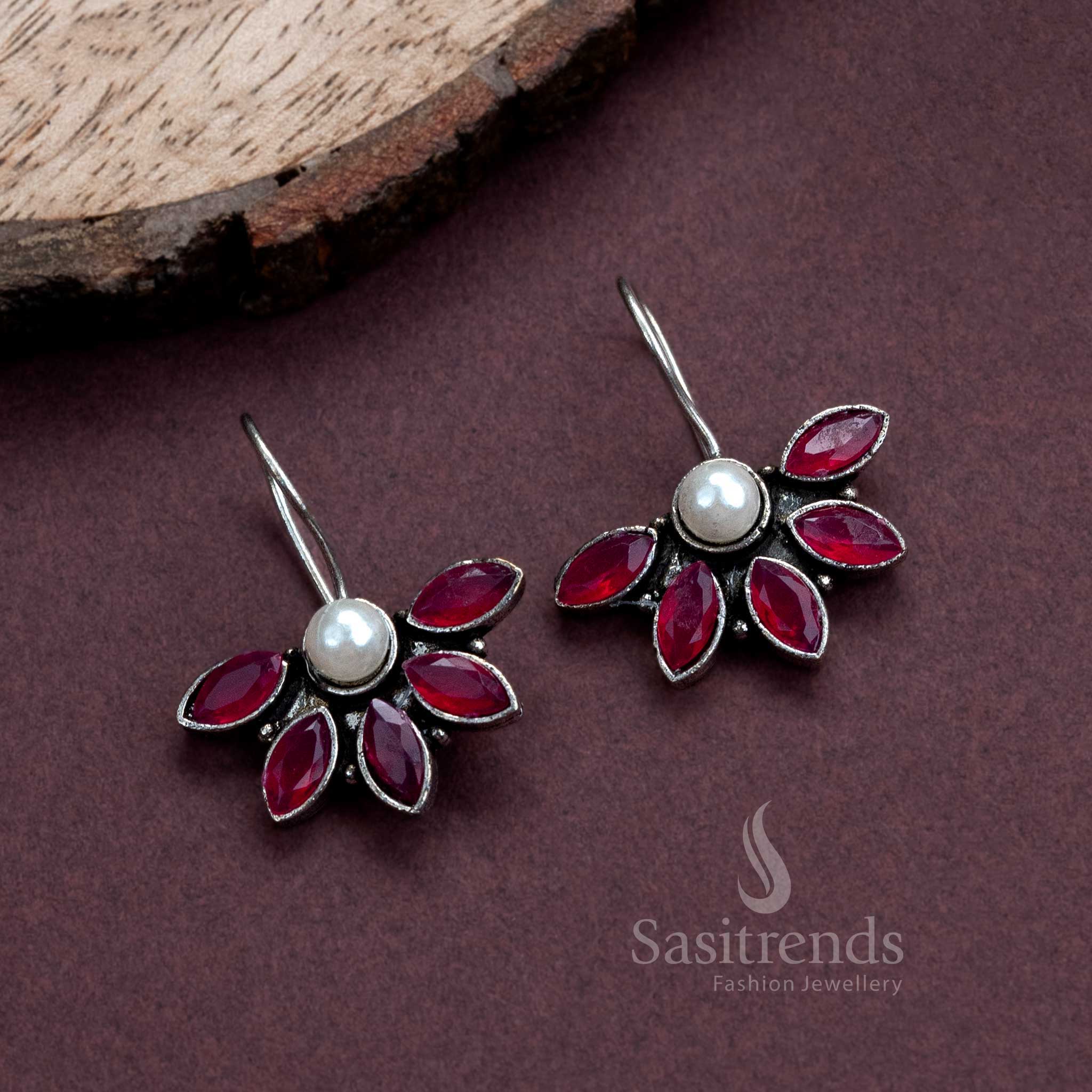 Stylish Oxidised Silver Fish Hook Earrings with Pearl and AD Stones for Women - Trendy Office Wear Collection - Image 3