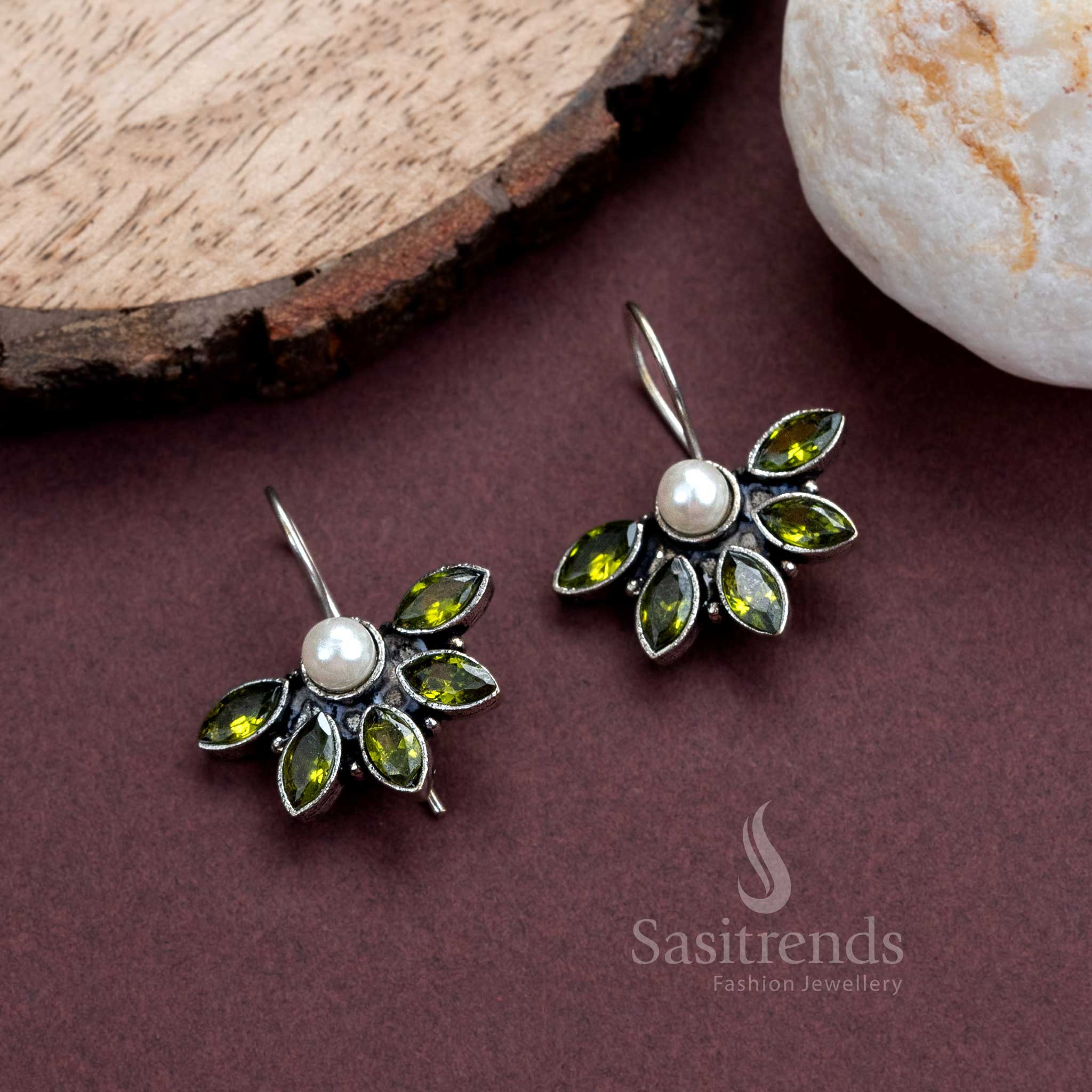 Stylish Oxidised Silver Fish Hook Earrings with Pearl and AD Stones for Women - Trendy Office Wear Collection - Image 8