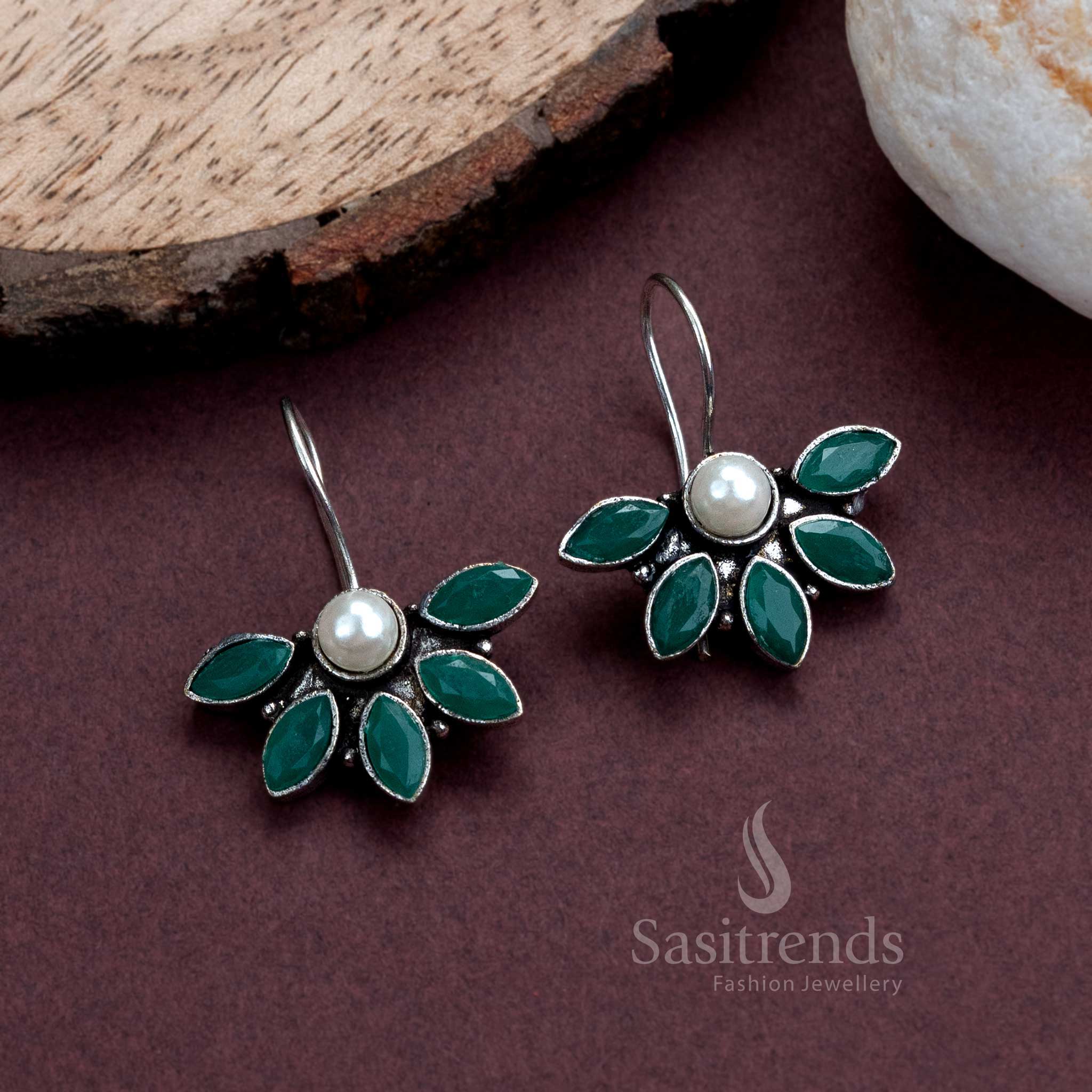 Stylish Oxidised Silver Fish Hook Earrings with Pearl and AD Stones for Women - Trendy Office Wear Collection - Image 9