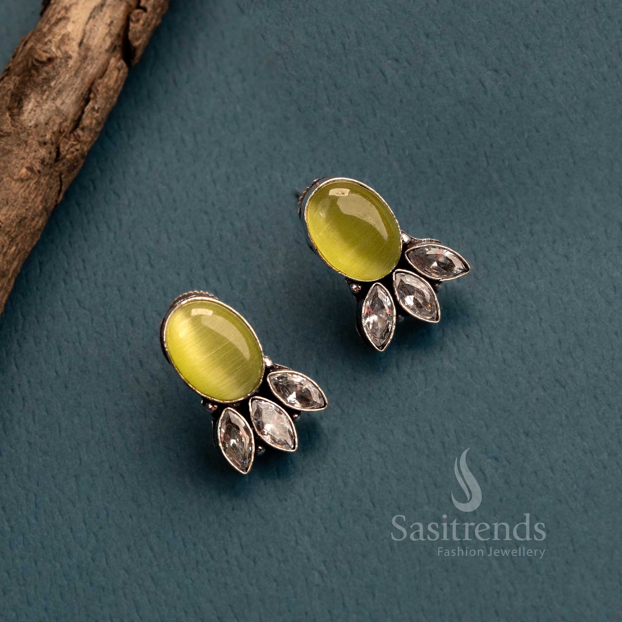Elegant Monalisa and AD Stone Oxidised German Silver Stud Earrings for Women - Image 10