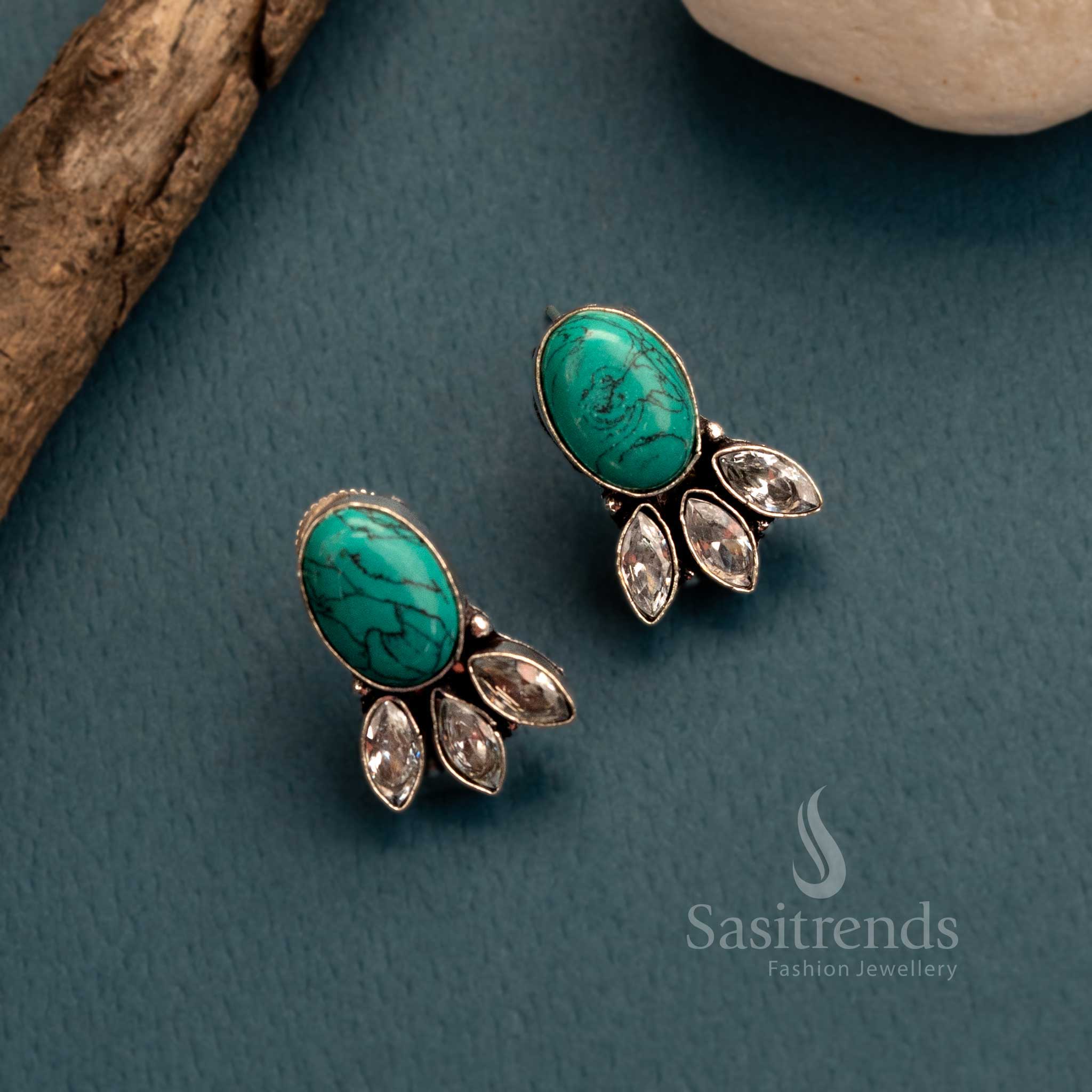 Elegant Monalisa and AD Stone Oxidised German Silver Stud Earrings for Women - Image 2