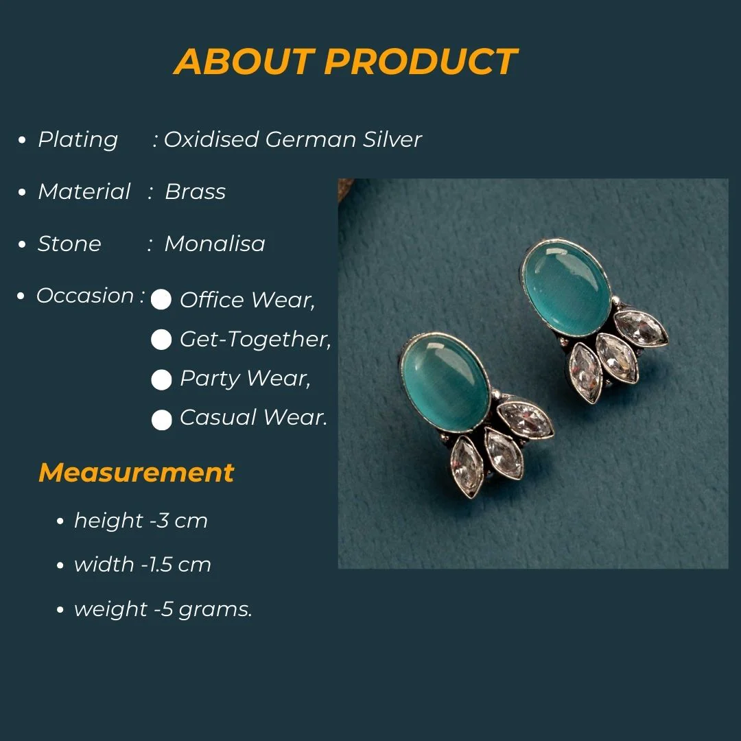 Elegant Monalisa and AD Stone Oxidised German Silver Stud Earrings for Women - Image 3