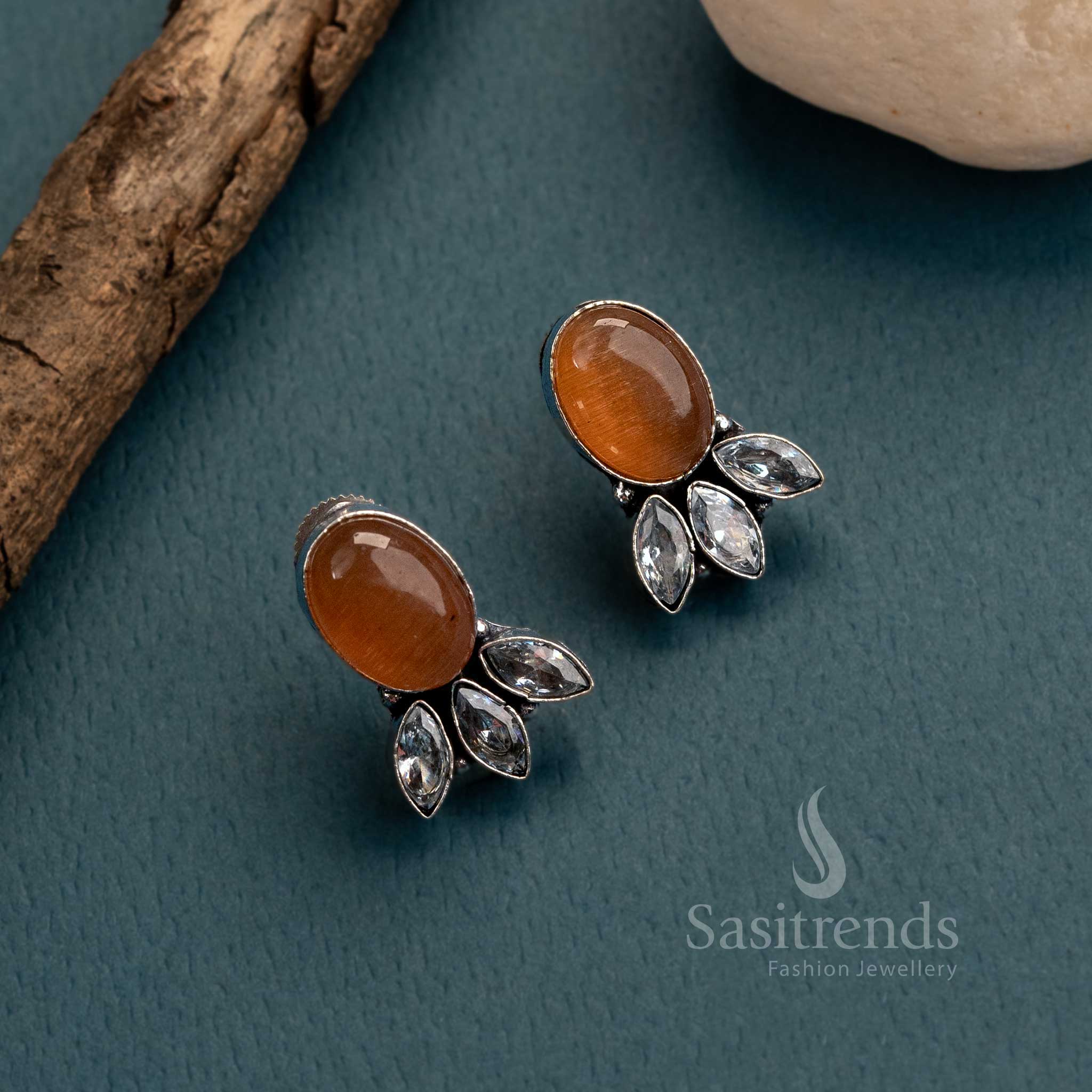 Elegant Monalisa and AD Stone Oxidised German Silver Stud Earrings for Women - Image 8