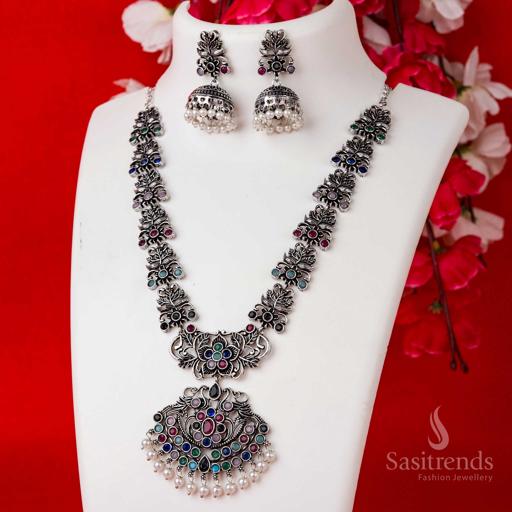 Stunning Floral Pendant For Party Wear Oxidised Stones Necklace Jewellery Set with Pearl Jhumkas | Sasitrends - Image 11