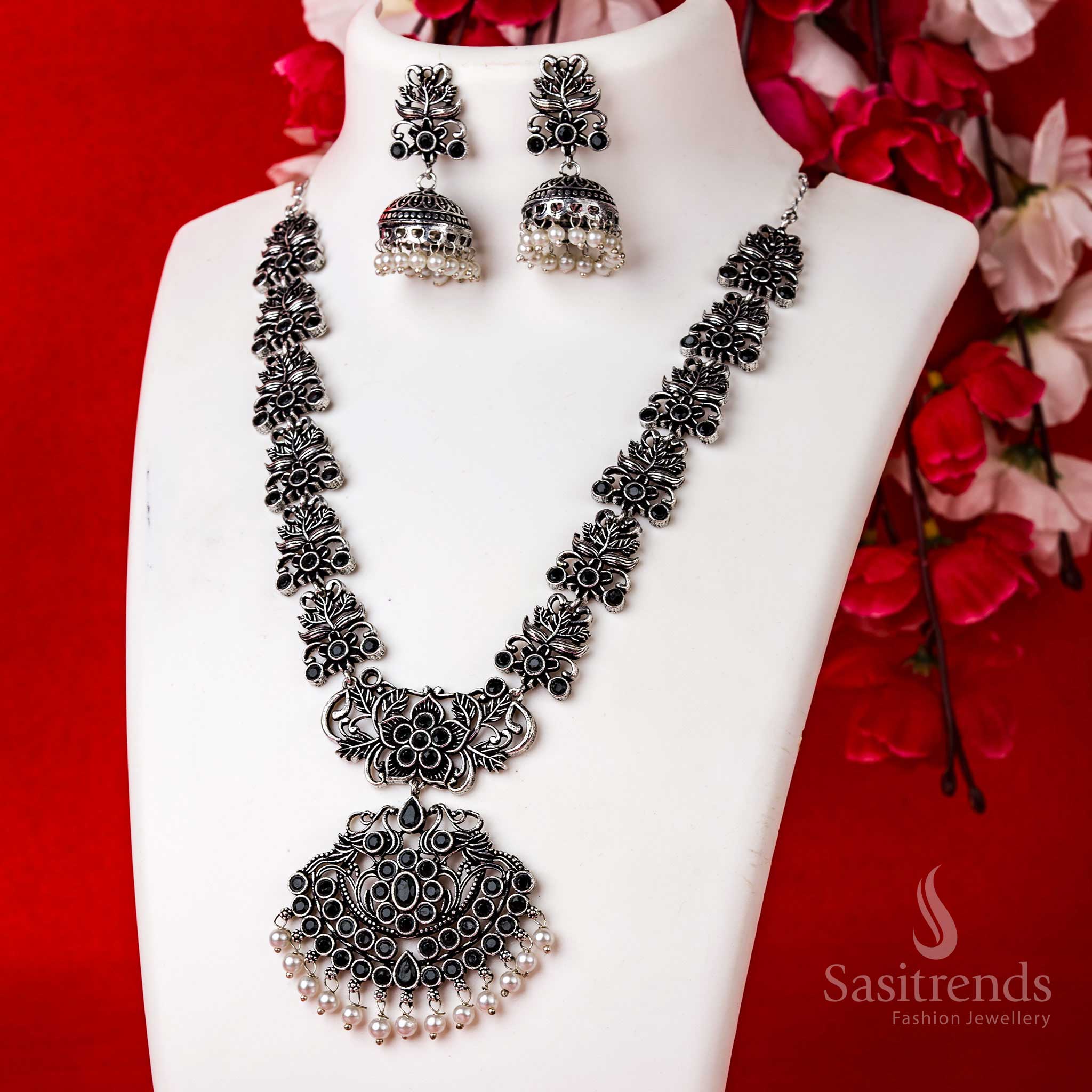 Stunning Floral Pendant For Party Wear Oxidised Stones Necklace Jewellery Set with Pearl Jhumkas | Sasitrends - Image 4