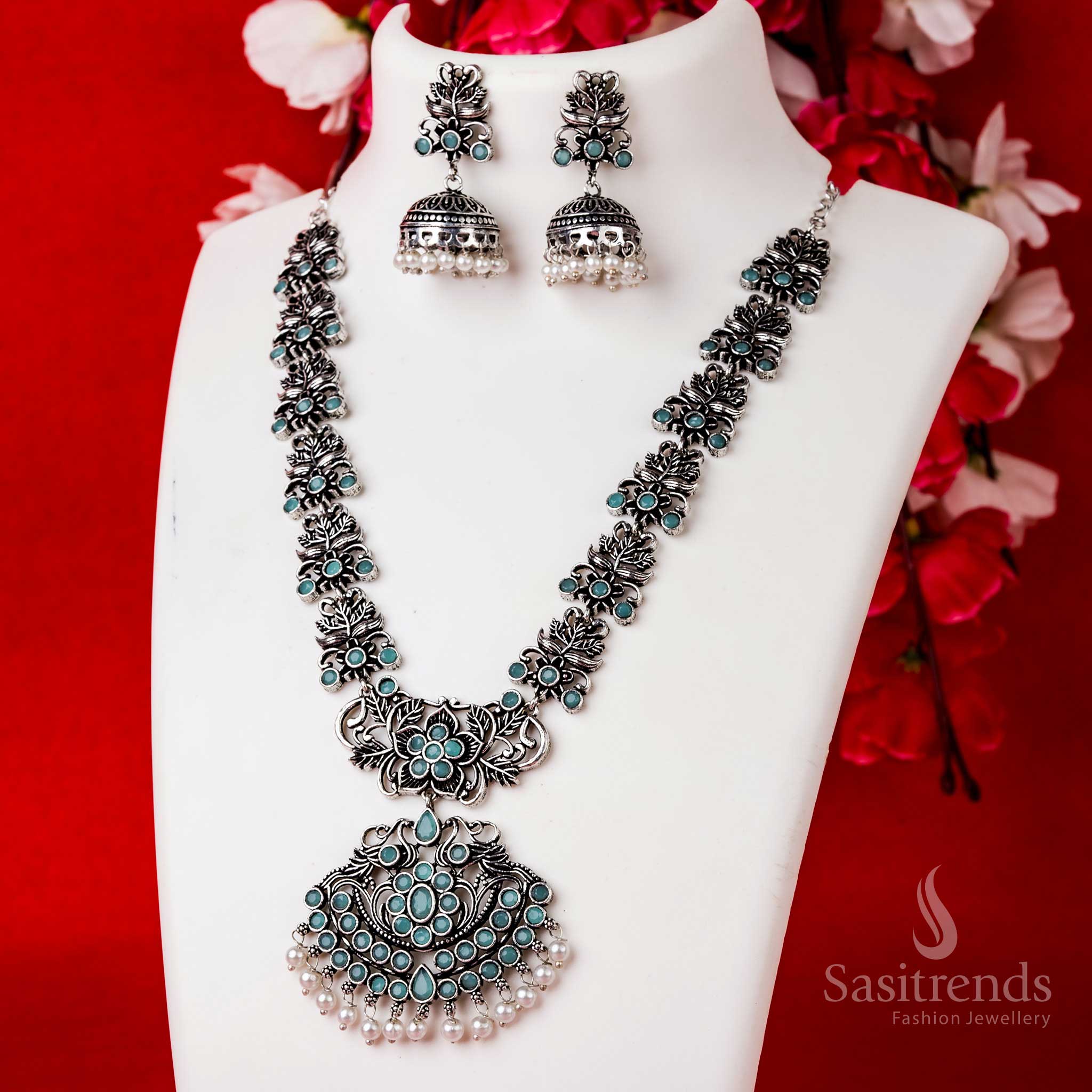 Stunning Floral Pendant For Party Wear Oxidised Stones Necklace Jewellery Set with Pearl Jhumkas | Sasitrends - Image 7