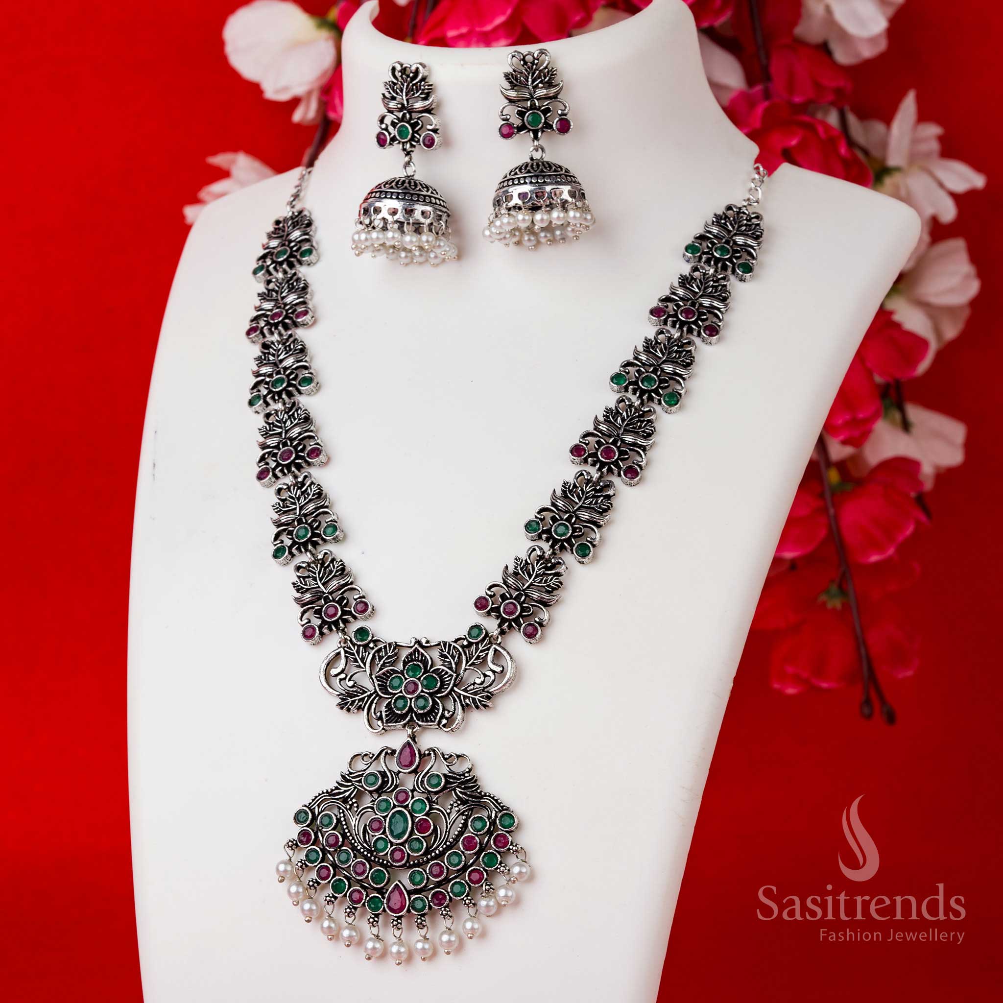 Stunning Floral Pendant For Party Wear Oxidised Stones Necklace Jewellery Set with Pearl Jhumkas | Sasitrends - Image 9