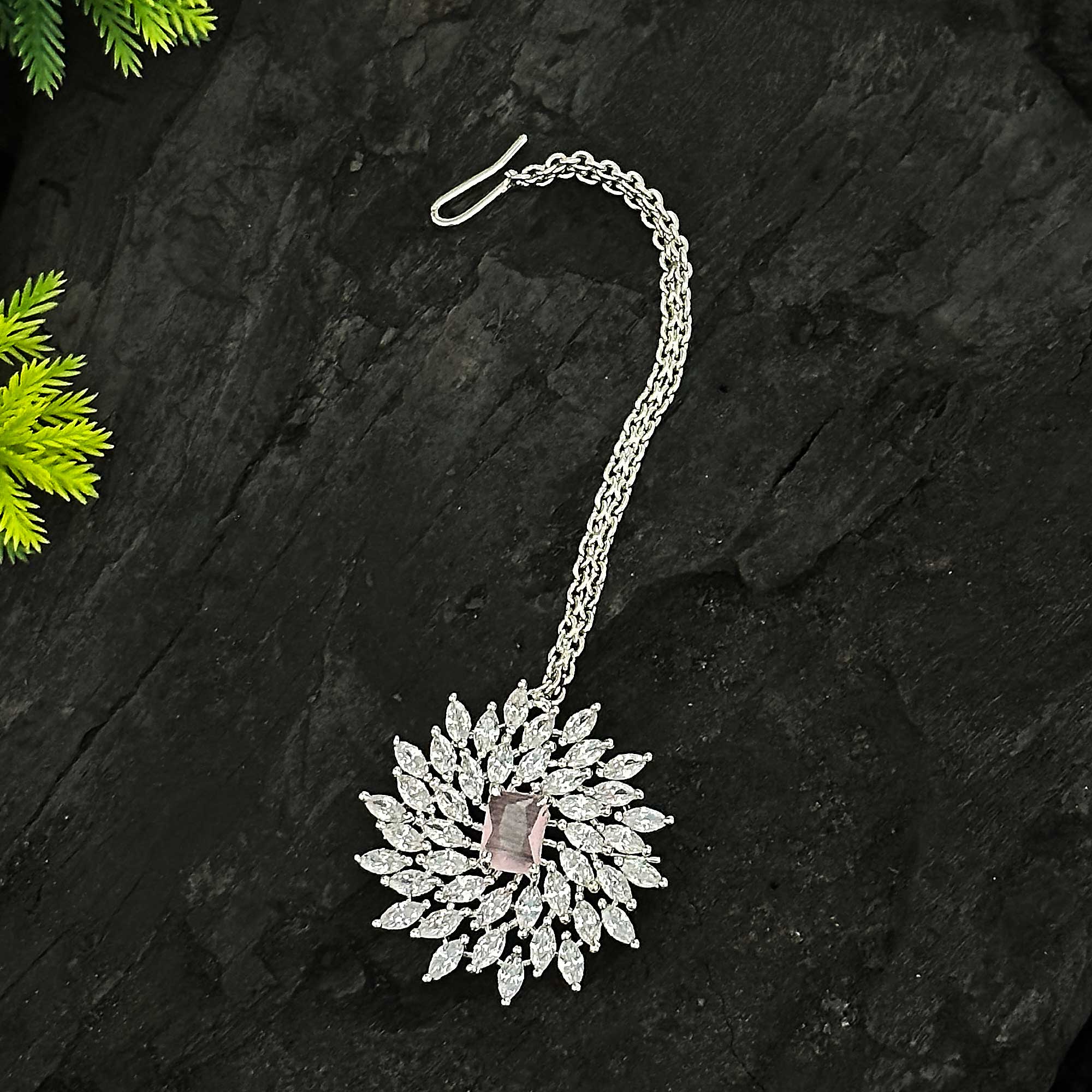 Floral Motif Rhodium Silver Plated Maang Tikka with American Diamond Stones | Perfect for Special Occasions | Sasitrends - Image 3