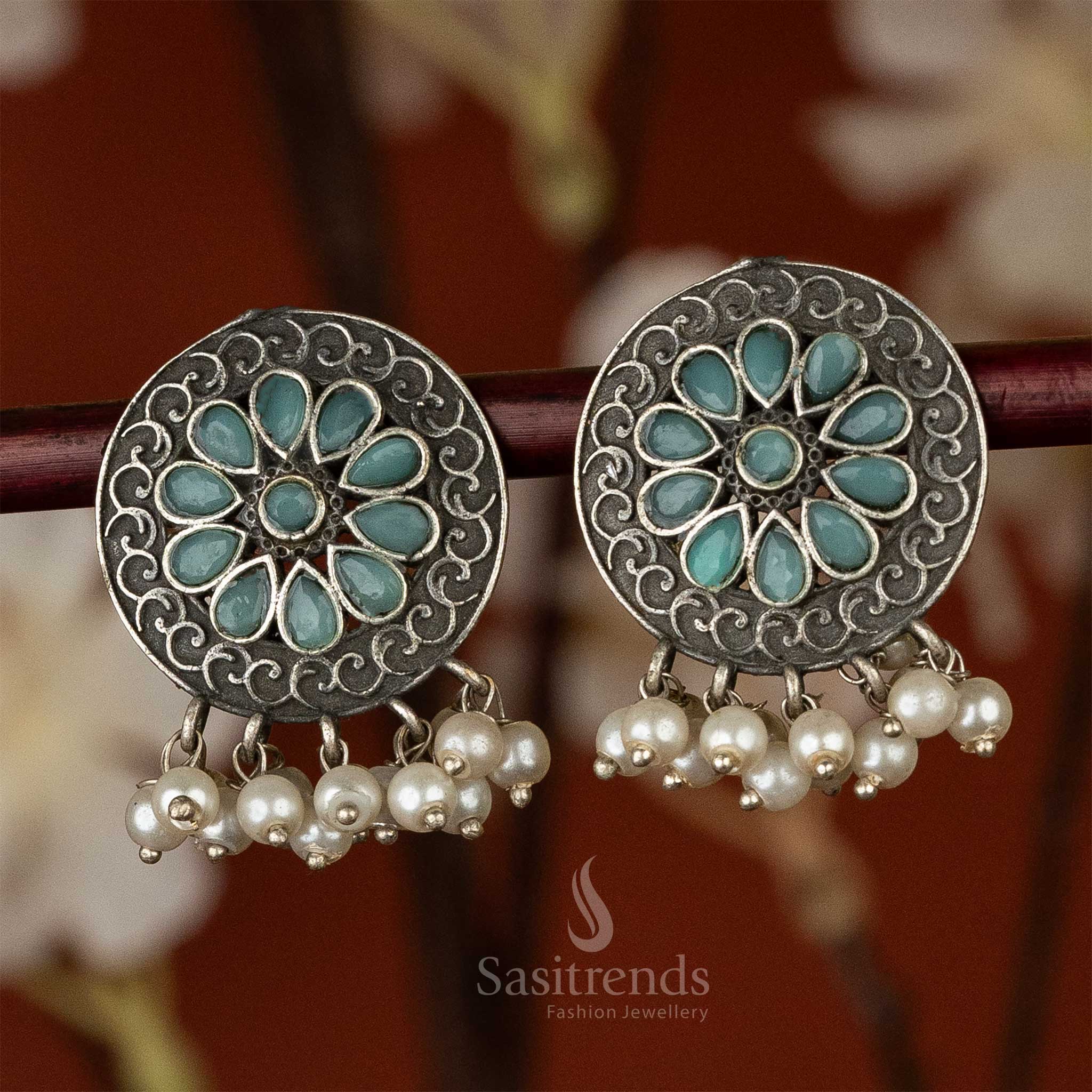 Elegant Silver-Look Oxidised Circular Earrings with Flower Pattern and Pearls - Image 3