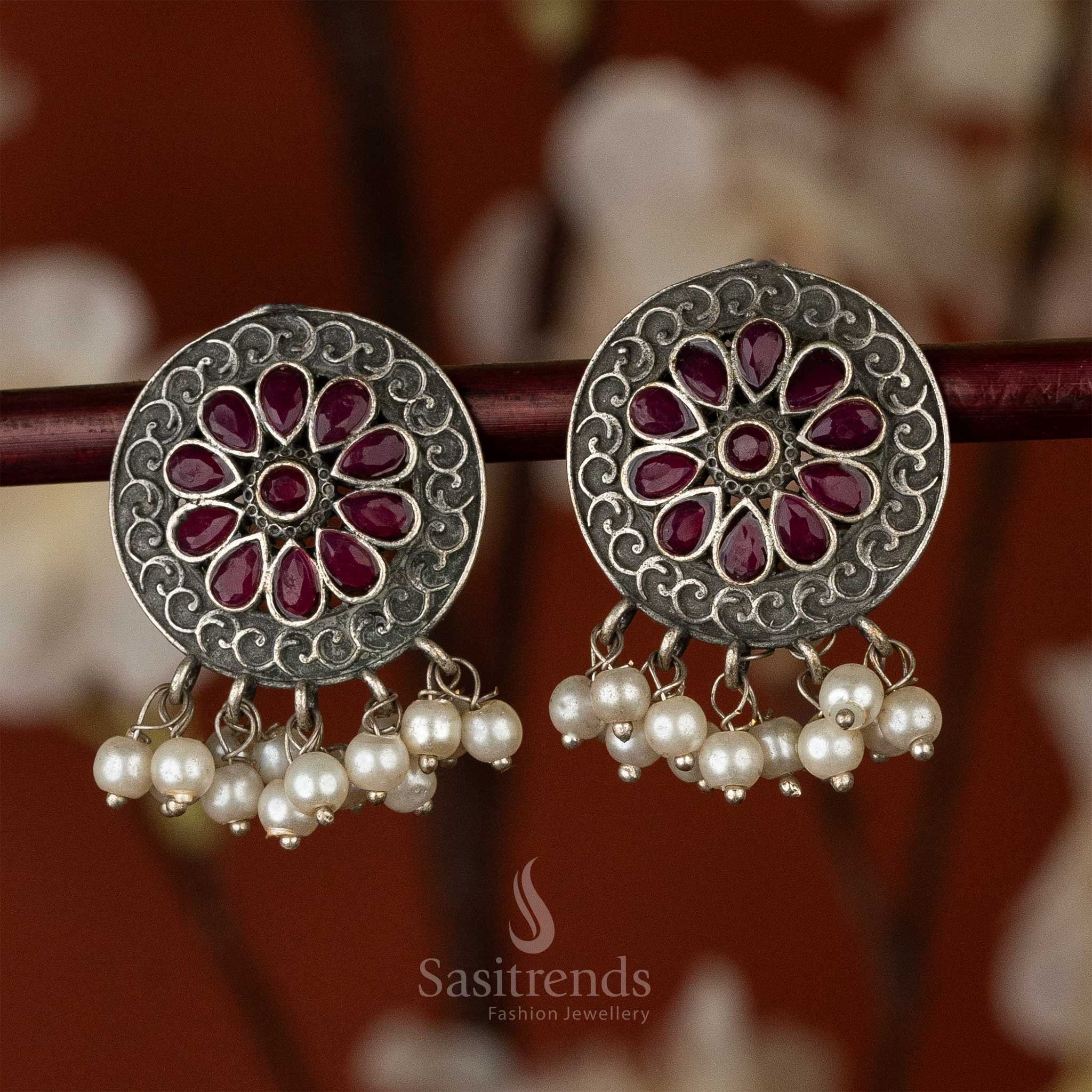 Elegant Silver-Look Oxidised Circular Earrings with Flower Pattern and Pearls - Image 4