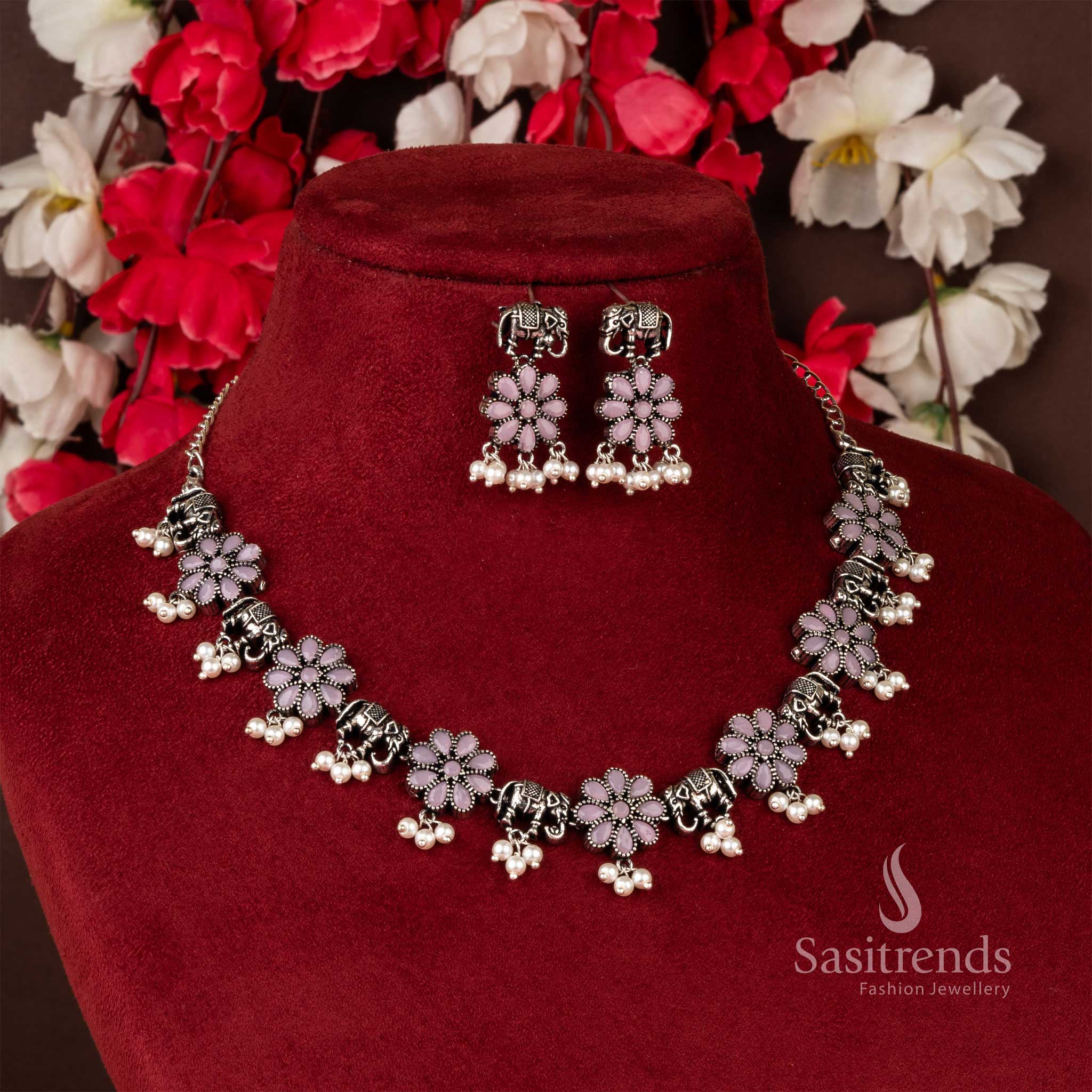 Latest Trendy Flower, Elephant & Pearl Oxidised Stones Stud Necklace Jewellery Set - Image 6