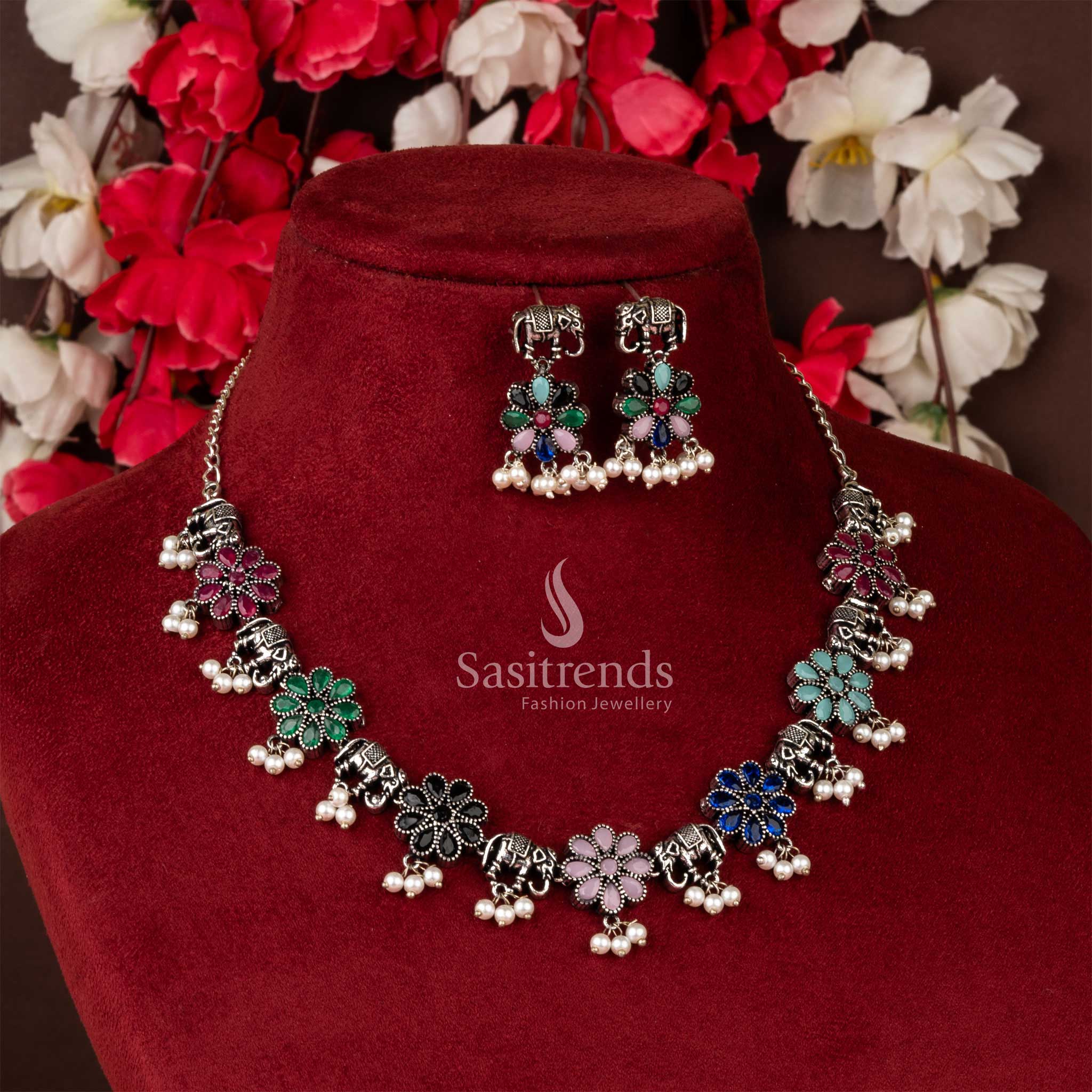 Latest Trendy Flower, Elephant & Pearl Oxidised Stones Stud Necklace Jewellery Set - Image 7