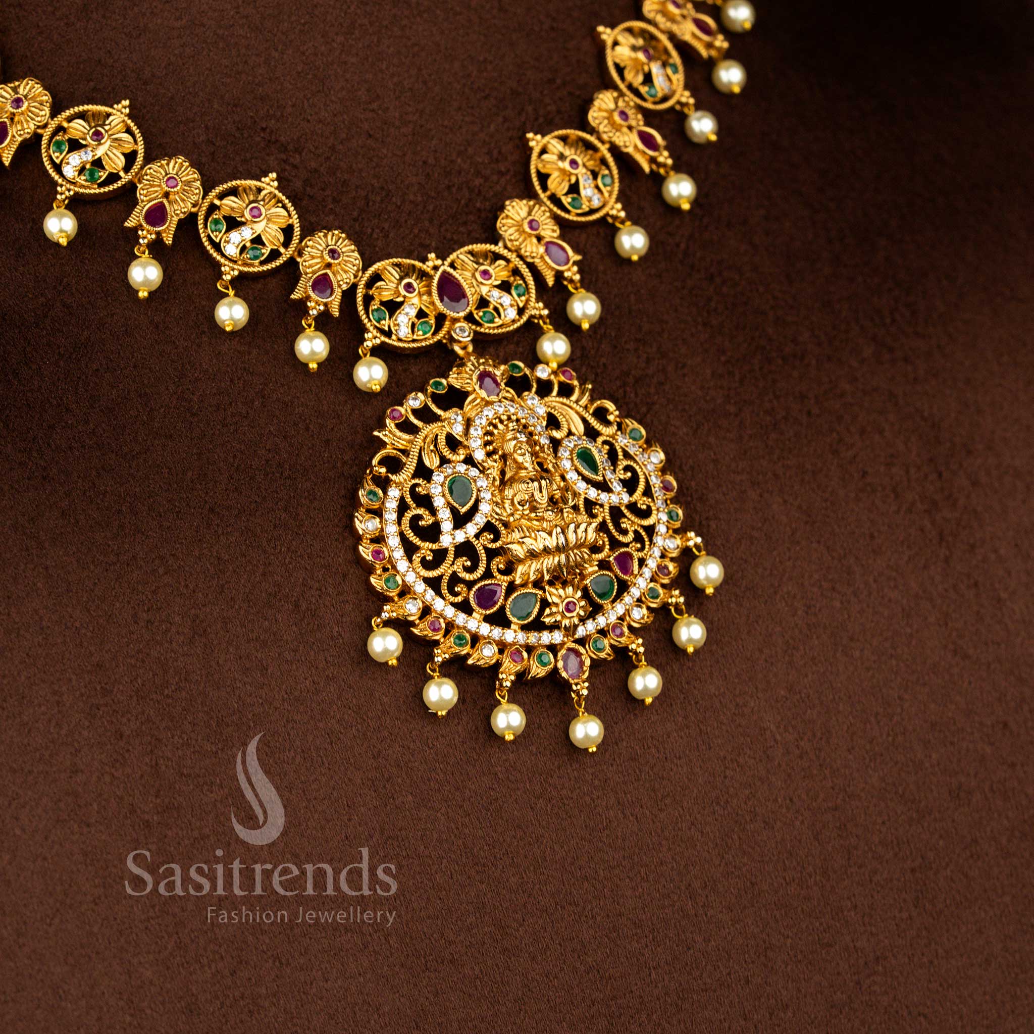 Graceful Temple Matte Gold Tone AD Lakshmi & Peacock Pearl Necklace Jewellery Set | Sasitrends - Image 3