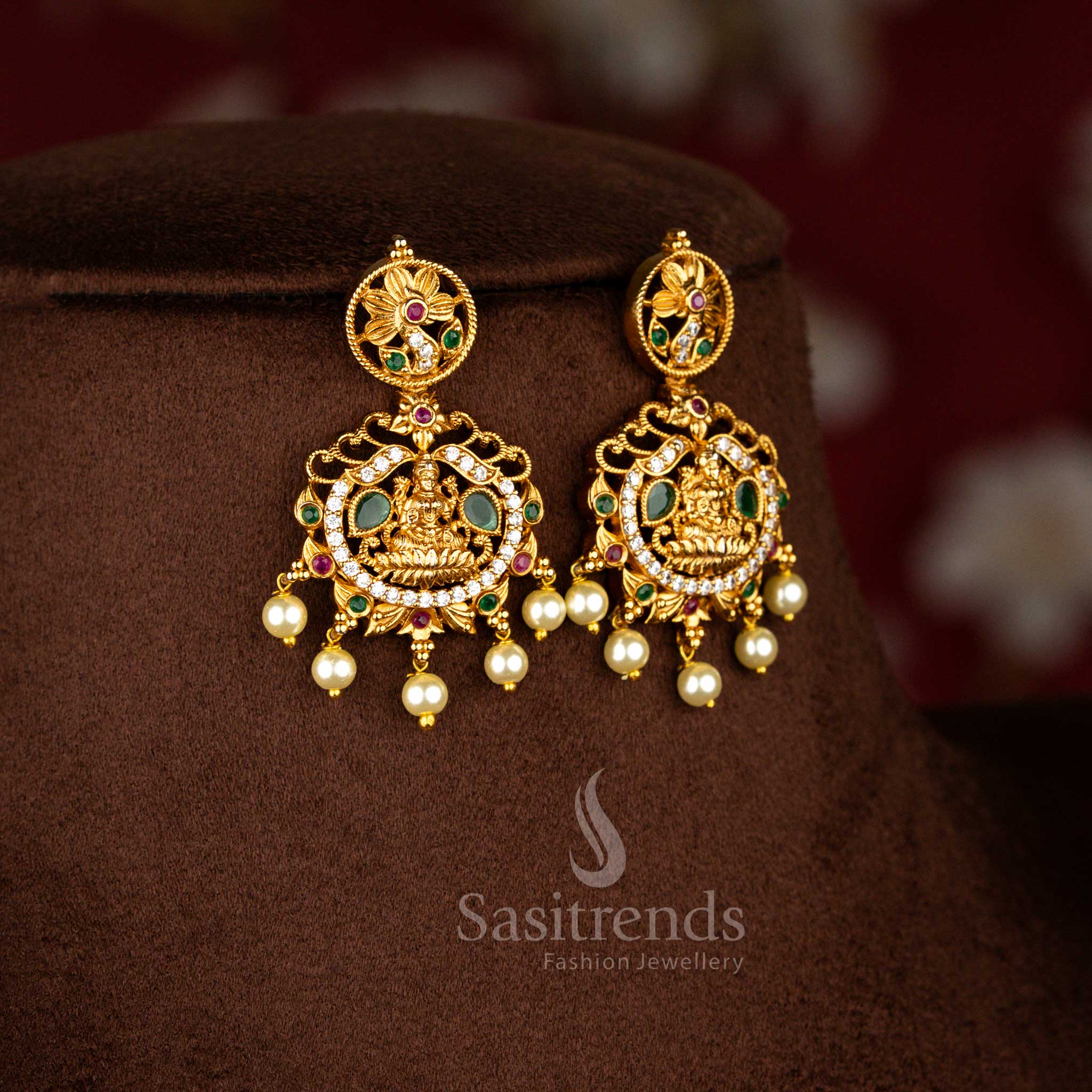 Graceful Temple Matte Gold Tone AD Lakshmi & Peacock Pearl Necklace Jewellery Set | Sasitrends - Image 4