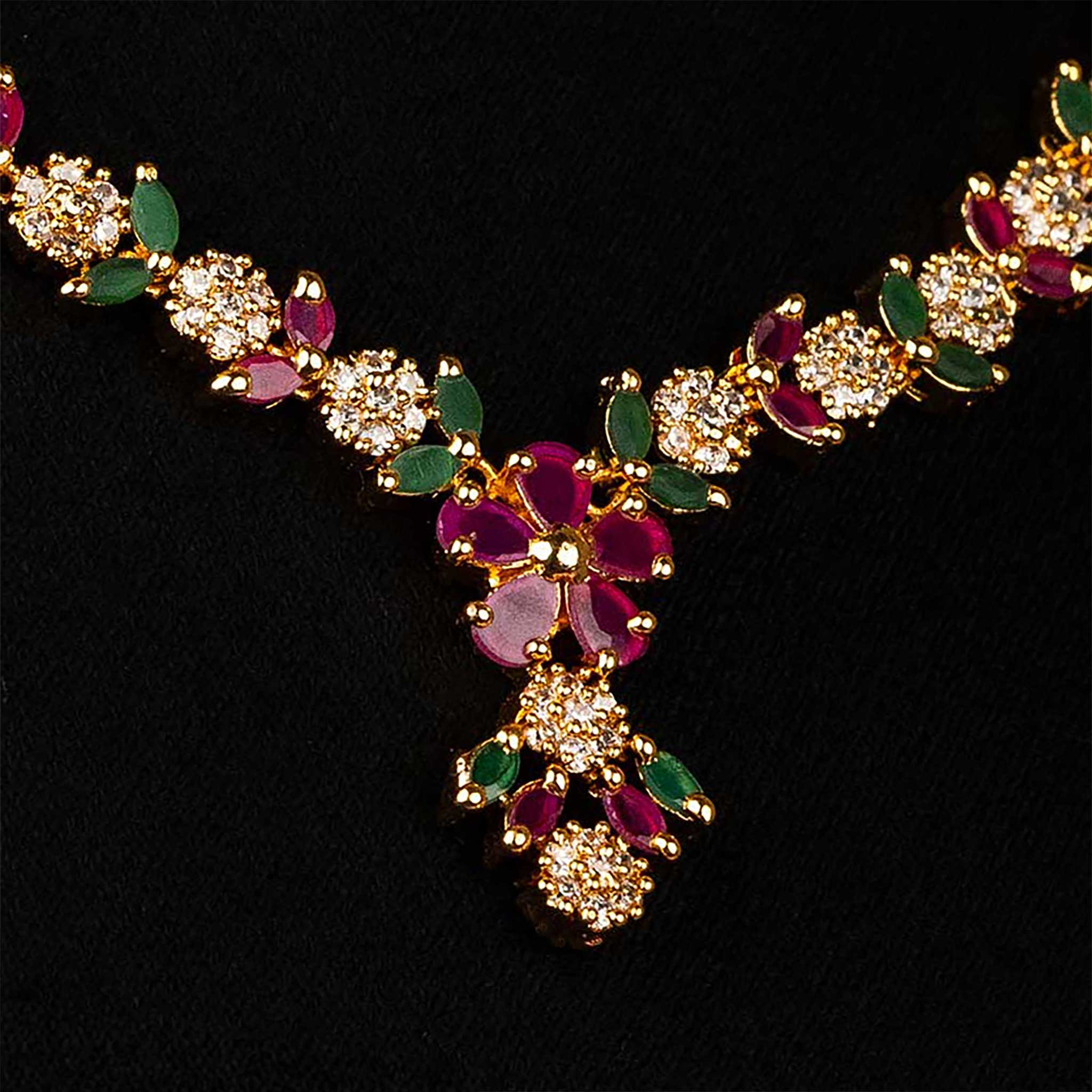 Dazzling Micro Gold Plated Flower and Leaf Necklace Jewellery Set | Sasitrends - Image 3