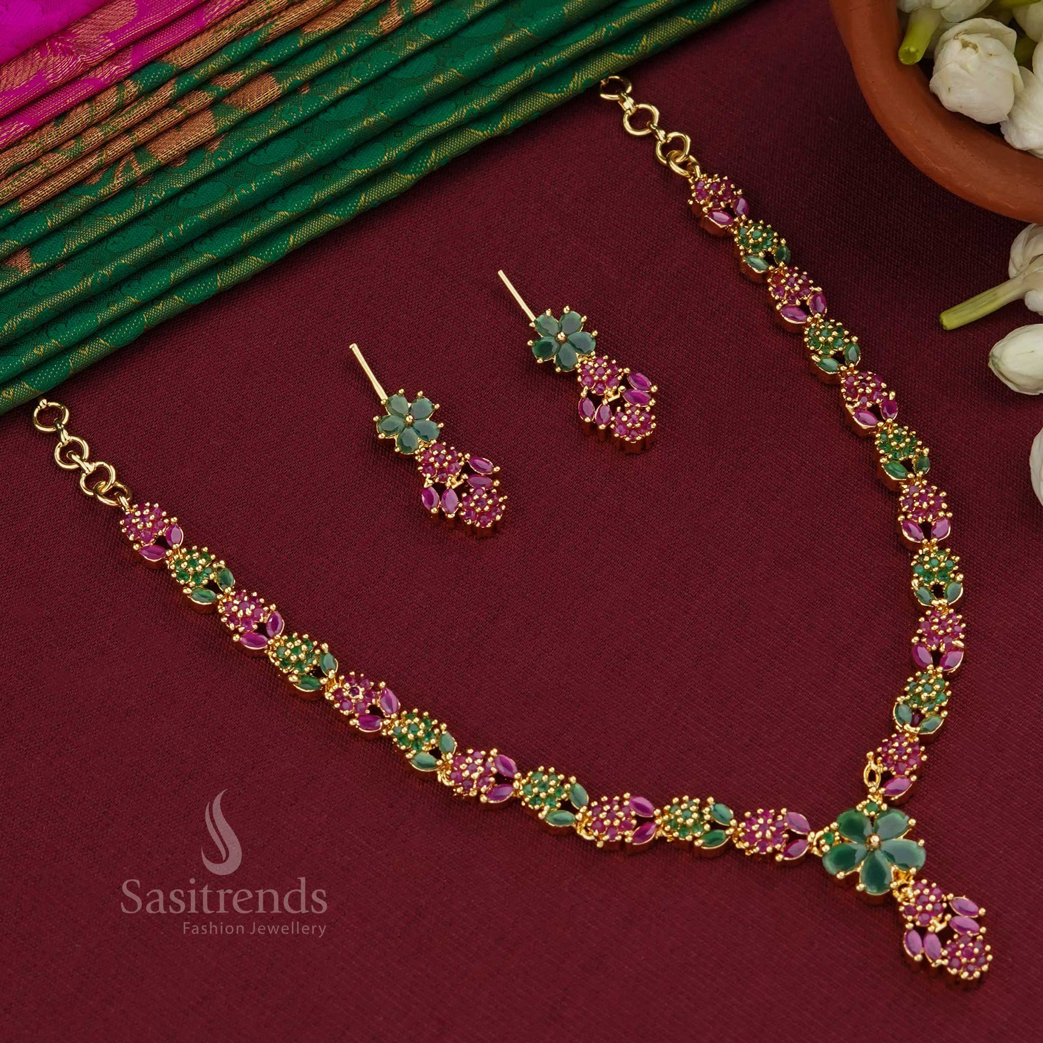 Dazzling Micro Gold Plated Flower and Leaf Necklace Jewellery Set | Sasitrends - Image 6