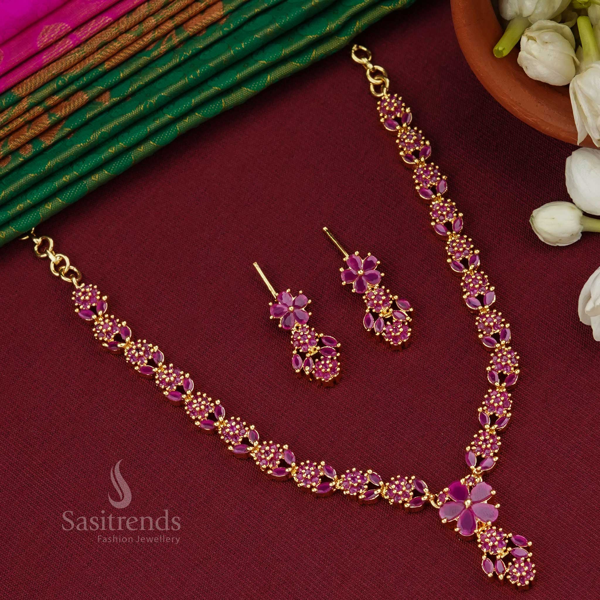 Dazzling Micro Gold Plated Flower and Leaf Necklace Jewellery Set | Sasitrends - Image 7