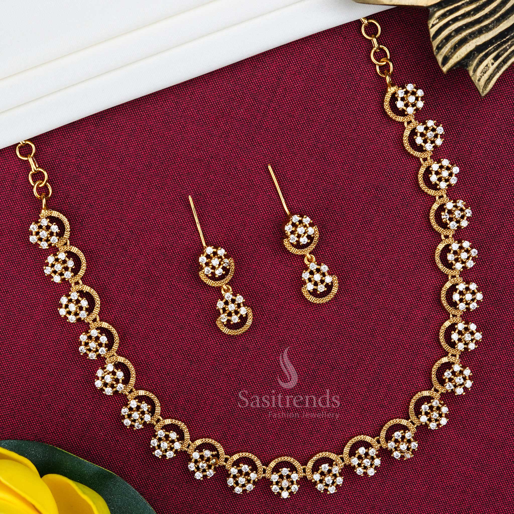 Trendy Temple Matte Gold Finish Flower AD Stone Studded Necklace Jewellery Set | Sasitrends - Image 4